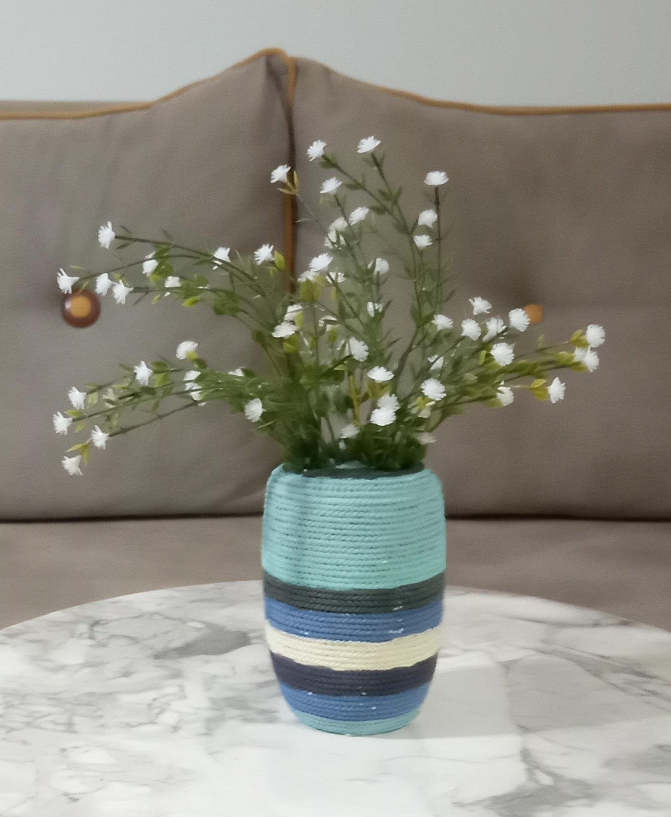 2 Adet Vazo Dahil,Vazoda Çiçek,Beyaz Yapay Çiçek,Vazo Dekoratif Mavi Örgü Poliresin 7X7X16Cm 