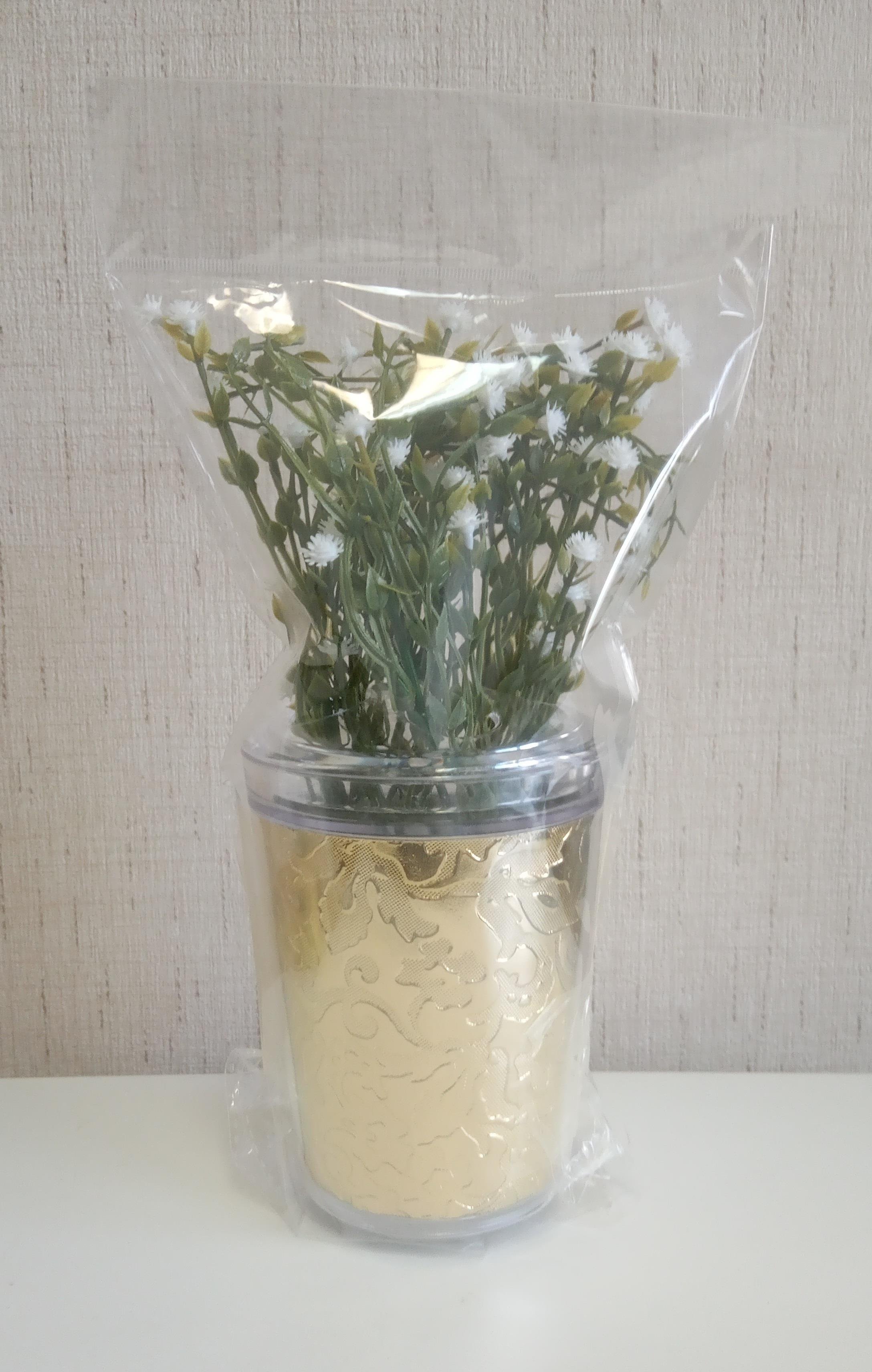 2 Adet Vazo Dahil,Vazoda Çiçek,Beyaz Yapay Çiçek,Vazo Dekoratif Altın Yaprak 9X9X17Cm 