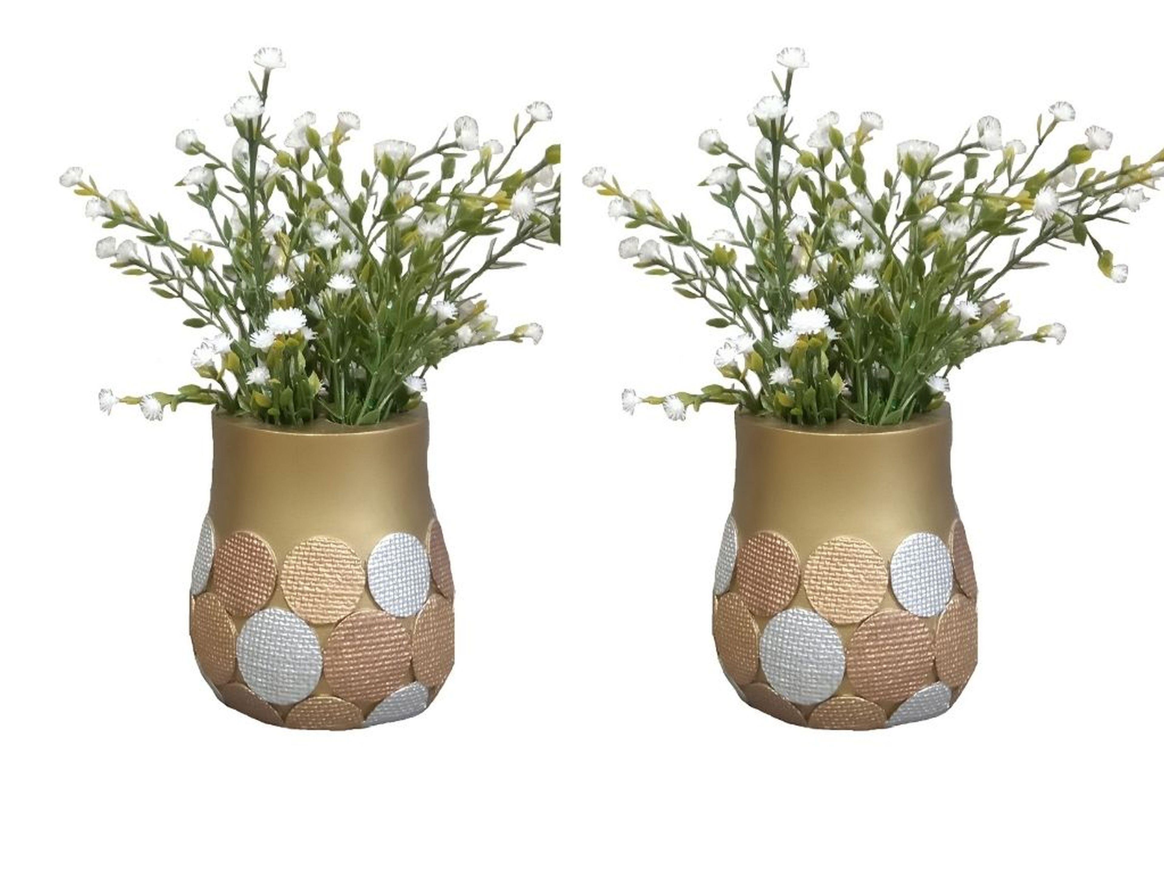 2 Adet Vazo Dahil,Vazoda Çiçek,Beyaz Yapay Çiçek,Vazo Dekoratif Altın Puanlı Poliresin 9X9X15Cm  