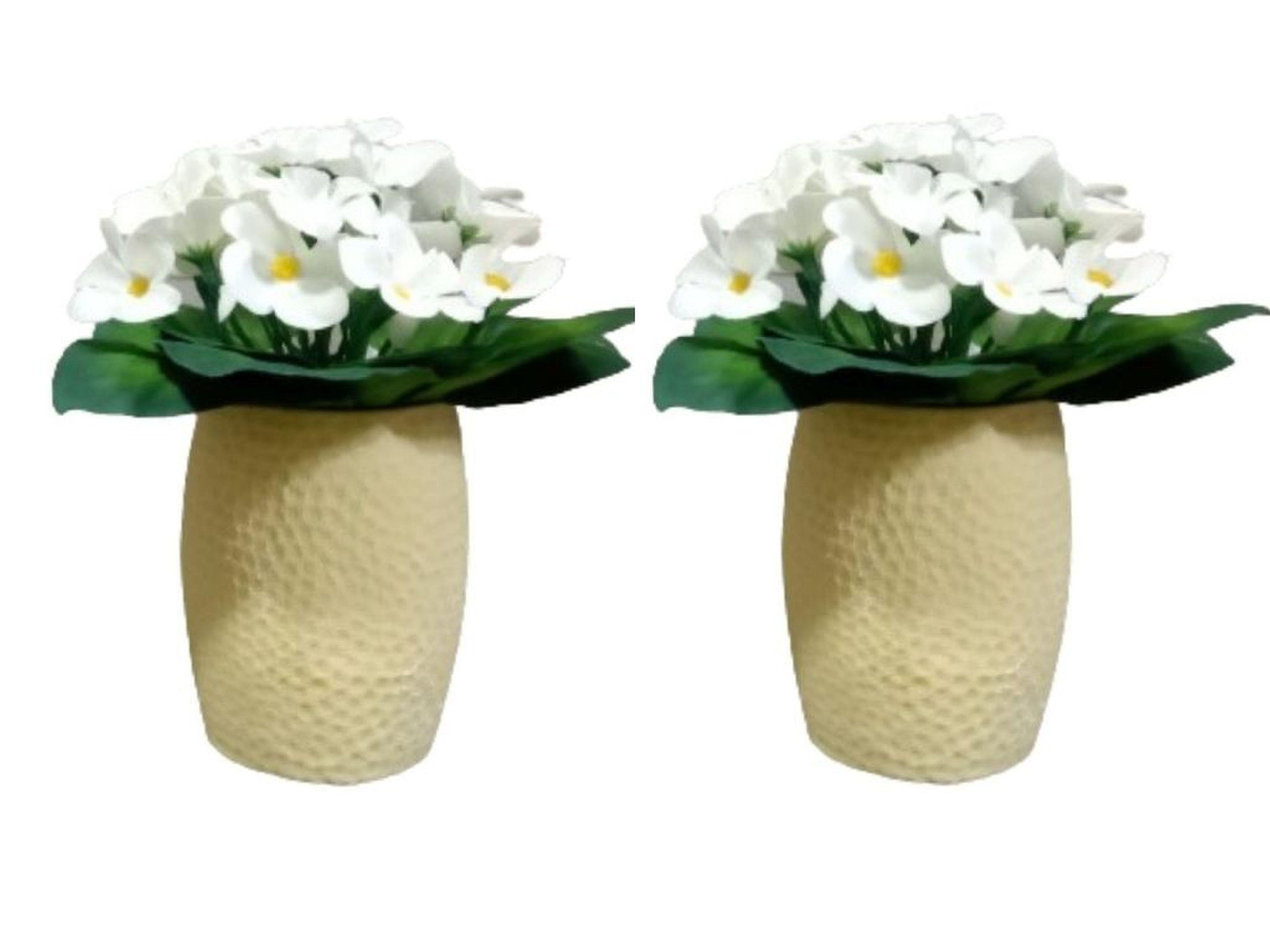 2 Adet Vazo Dahil,Vazoda Çiçek,Beyaz Yapay Çiçek,Vazo Sarı Petek Desenli Poliresin 8X8X15Cm