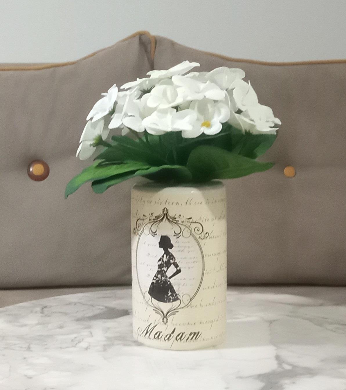 2 Adet Vazo Dahil,Vazoda Çiçek,Beyaz Yapay Çiçek,Vazo Dekoratif Madam Desenli 7X7X16Cm 