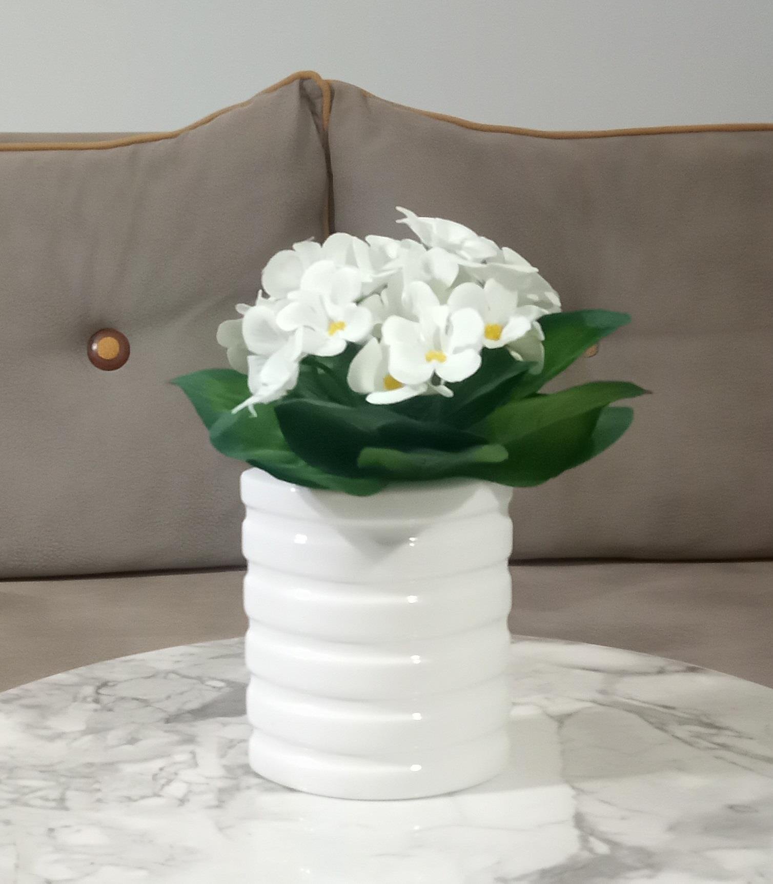 2 Adet Vazo Dahil,Vazoda Çiçek,Beyaz Yapay Çiçek,Vazo Dekoratif Oval Çizgili 9X6X16Cm 