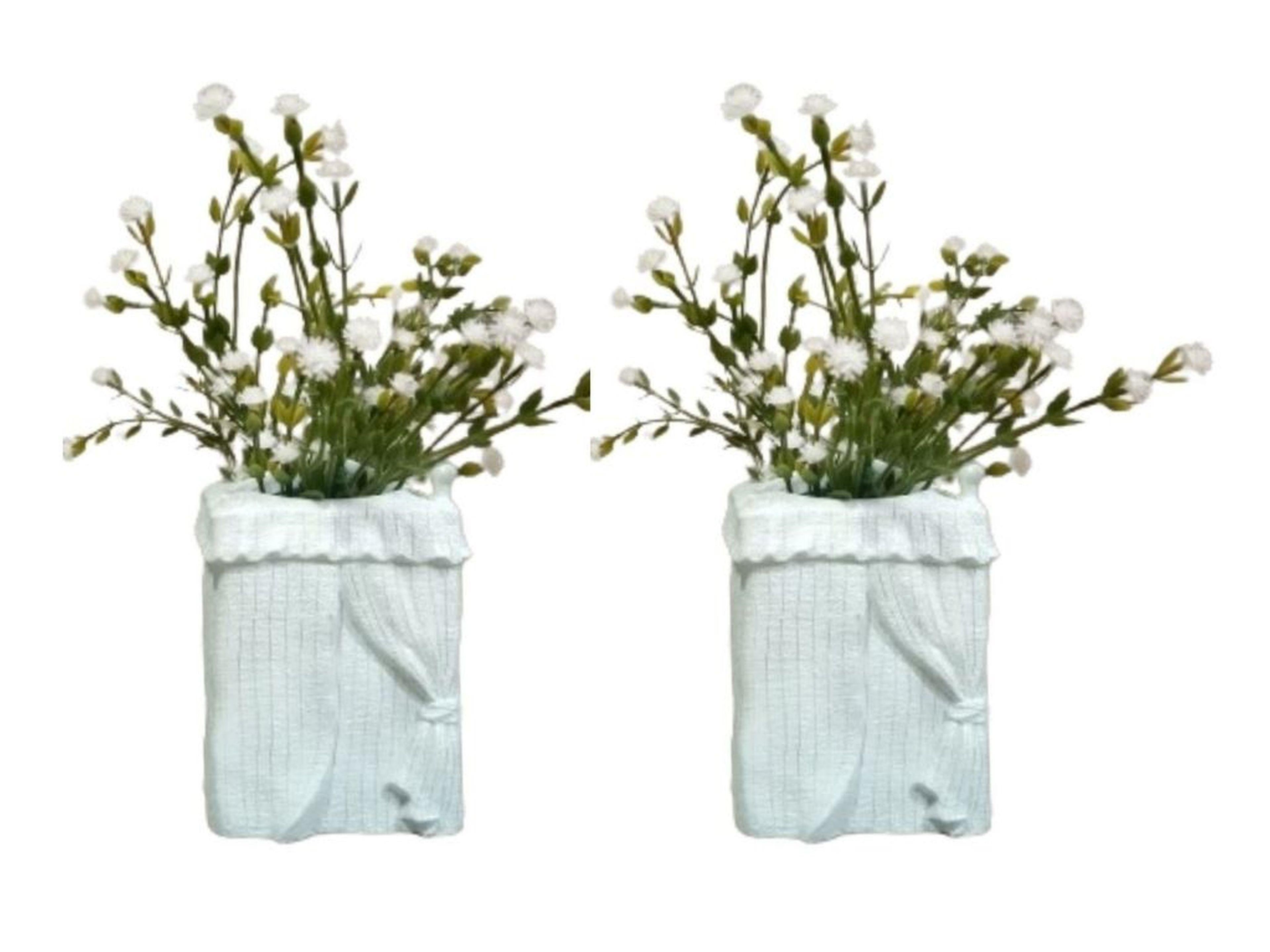 2 Adet Vazo Dahil,Vazoda Çiçek,Beyaz Yapay Çiçek,Vazo Dekoratif Poliresin 7X7X17Cm 