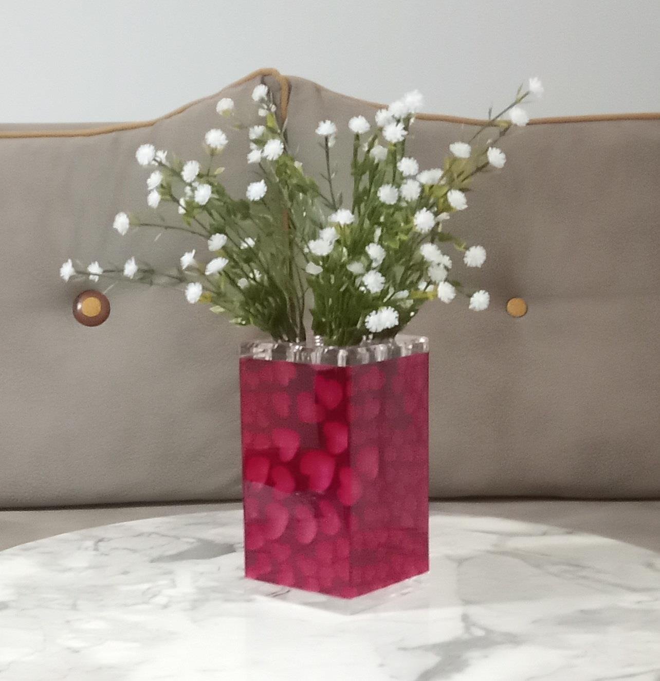 2 Adet Vazo Dahil,Vazoda Çiçek,Beyaz Yapay Çiçek,Vazo Dekoratif Kalpli 7X7X17Cm   