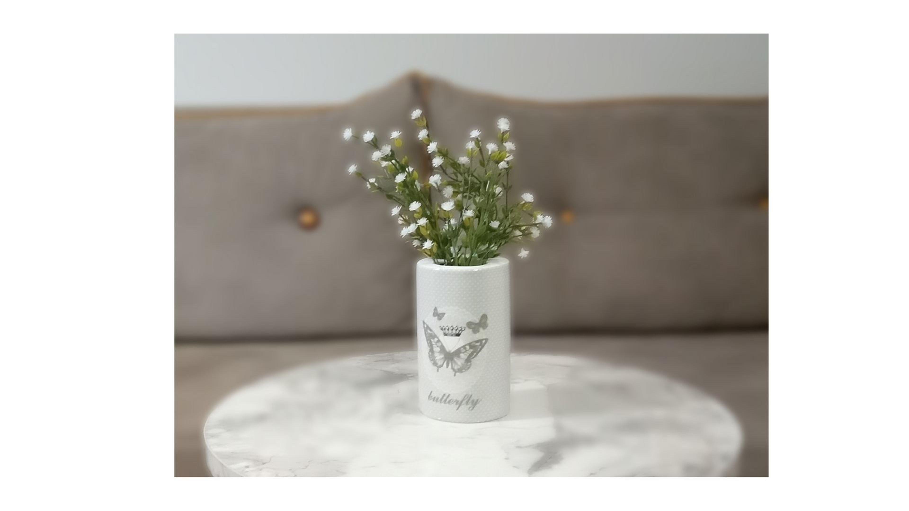 2 Adet Vazo Dahil,Vazoda Çiçek,Beyaz Yapay Çiçek,Vazo Dekoratif Kelebek Desenli 7X7X16Cm