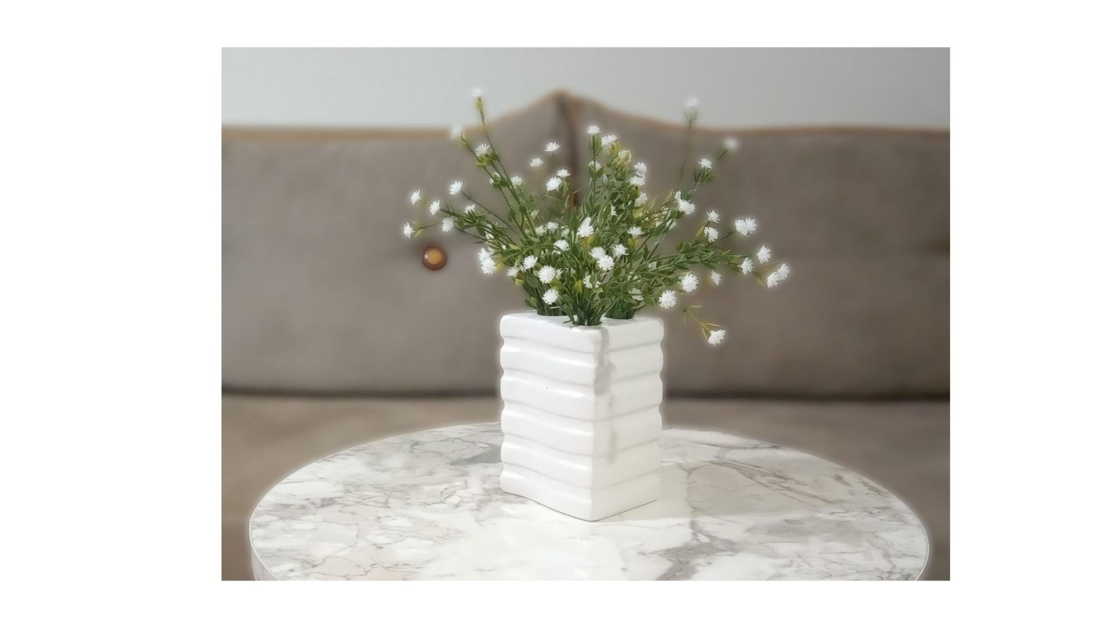 2 Adet Vazo Dahil,Vazoda Çiçek,Beyaz Yapay Çiçek,Vazo Dekoratif Kare Çizgili 8X6X16Cm