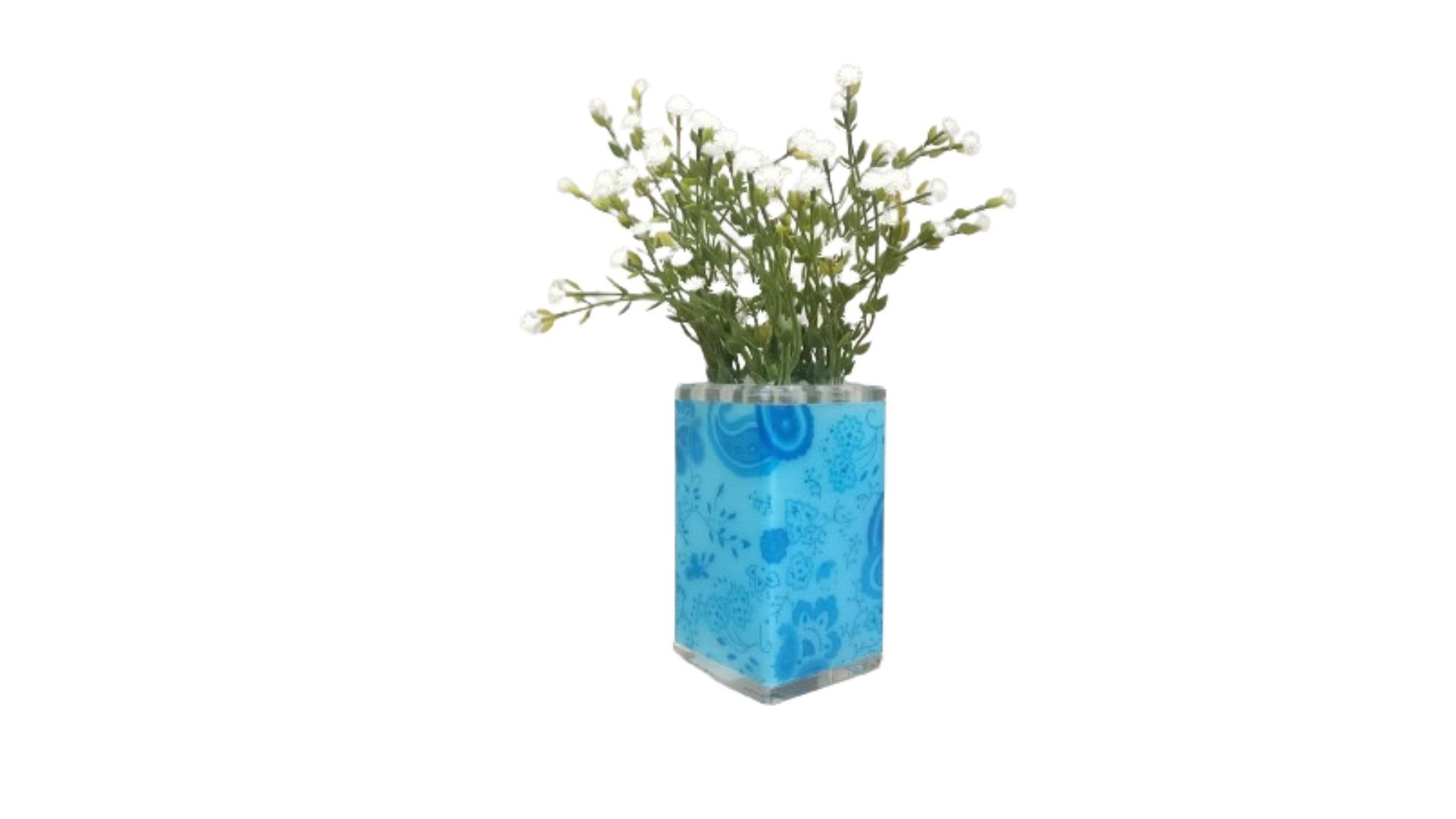 2 Adet Vazo Dahil,Vazoda Çiçek,Beyaz Yapay Çiçek,Vazo Dekoratif Mavi  7X7X17Cm 