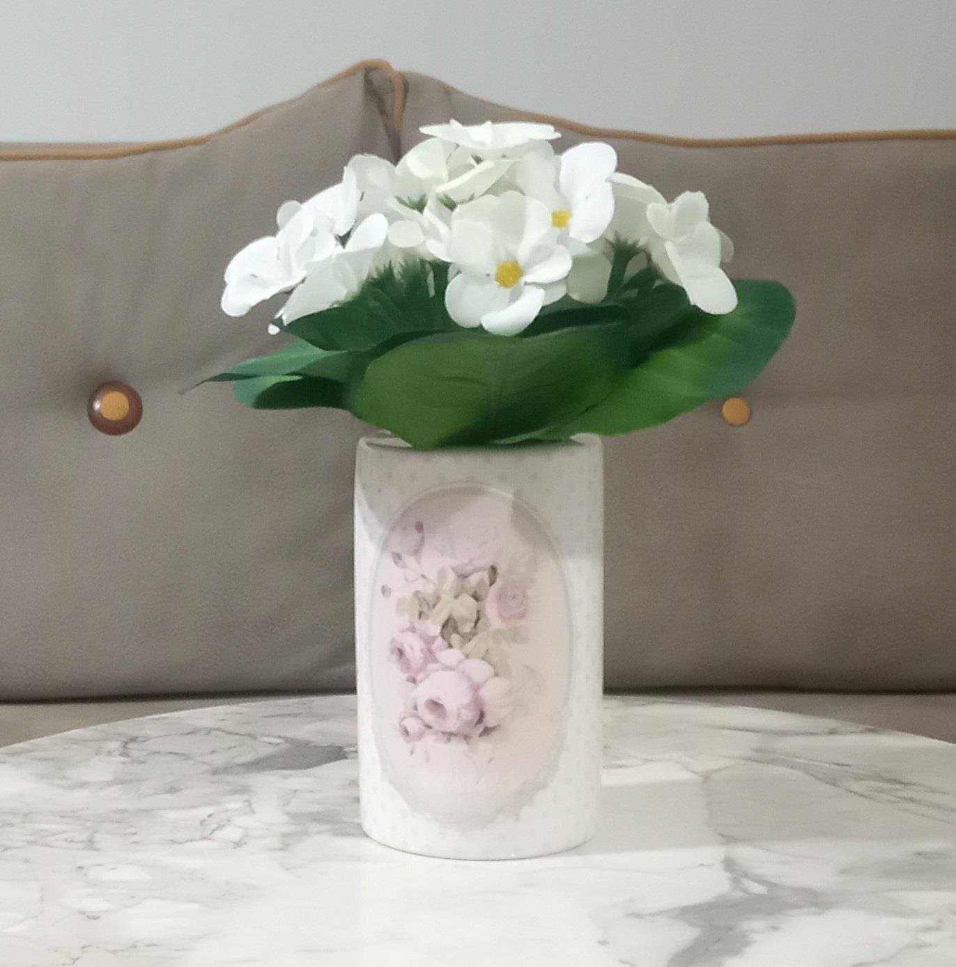 2 Adet Vazo Dahil,Vazoda Çiçek,Beyaz Yapay Çiçek,Vazo Dekoratif  Bahar Desenli 7X7X16Cm 