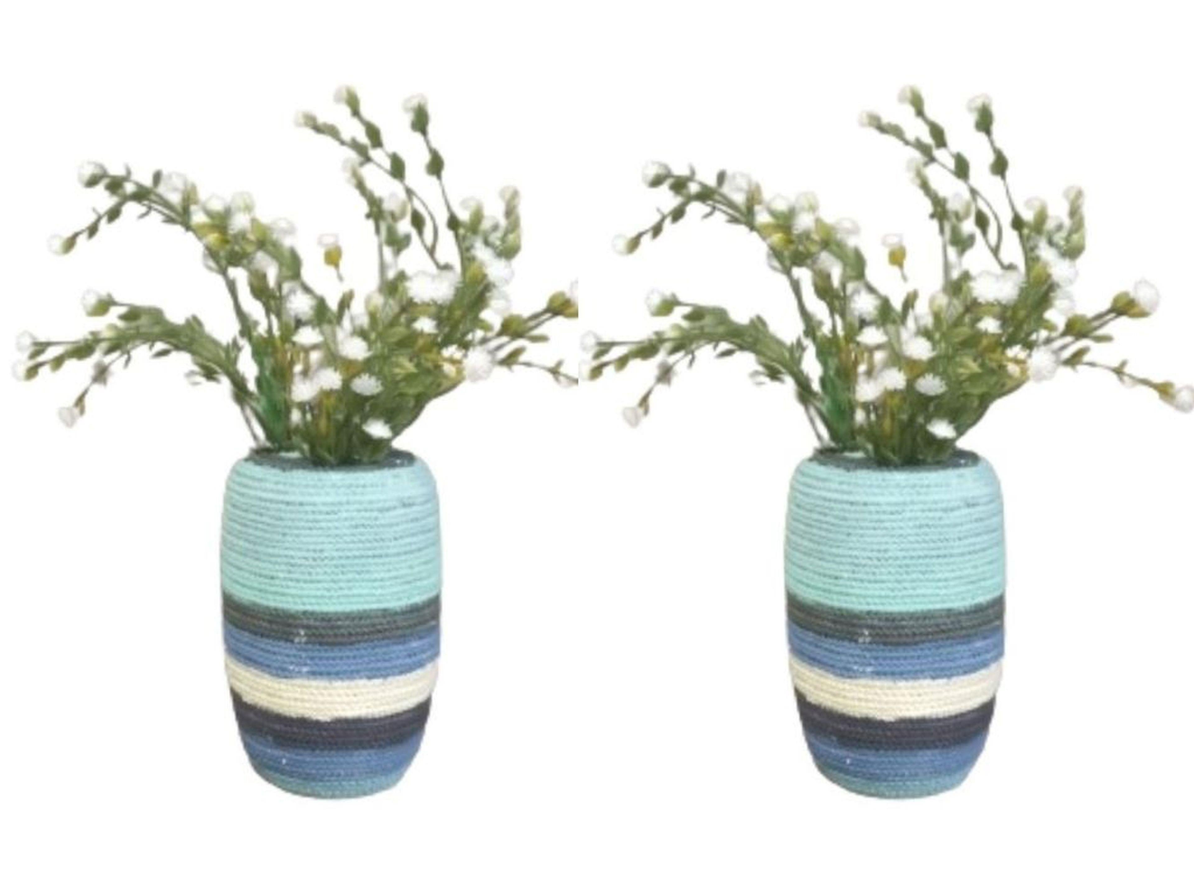 2 Adet Vazo Dahil,Vazoda Çiçek,Beyaz Yapay Çiçek,Vazo Dekoratif Mavi Örgü Poliresin 7X7X16Cm 