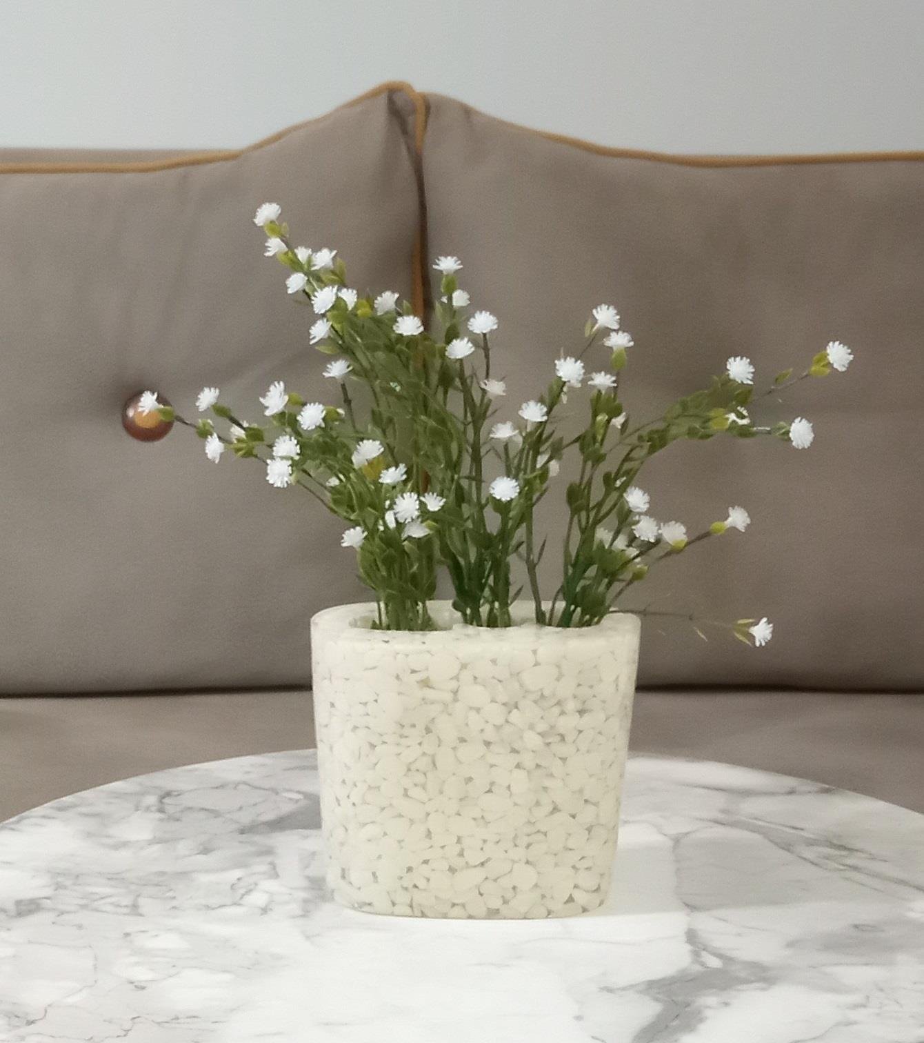 2 Adet Vazo Dahil,Vazoda Çiçek,Beyaz Yapay Çiçek,Vazo Dekoratif Deniz Taşı El Yapımı 10X5X14Cm 