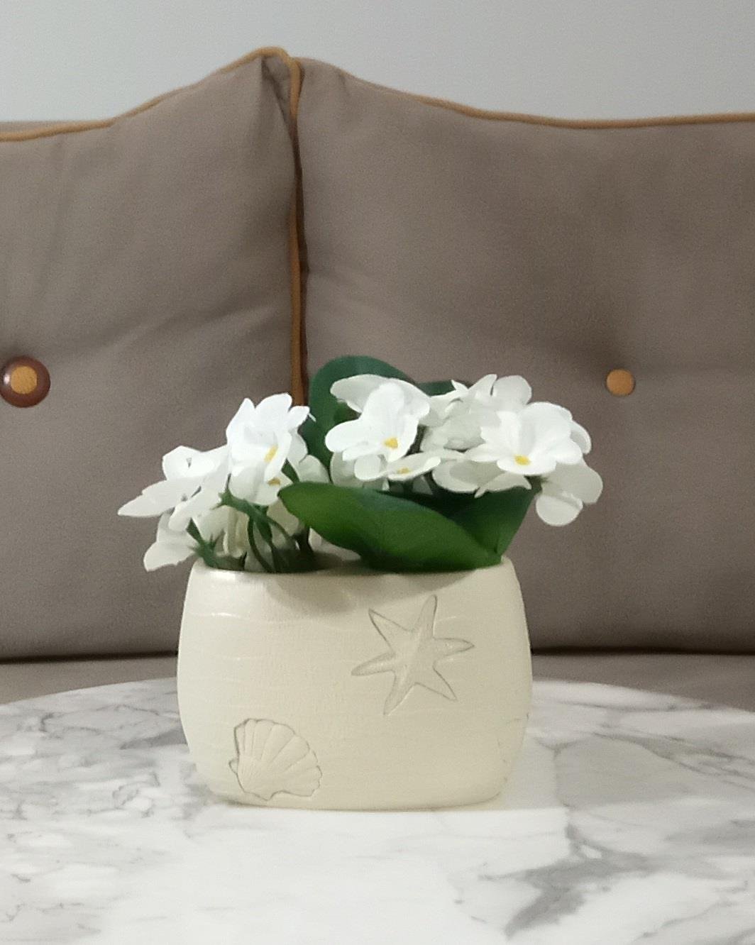 2 Adet Vazo Dahil,Vazoda Çiçek,Beyaz Yapay Çiçek,Vazo Dekoratif İstiridye Poliresin 10X5X14Cm