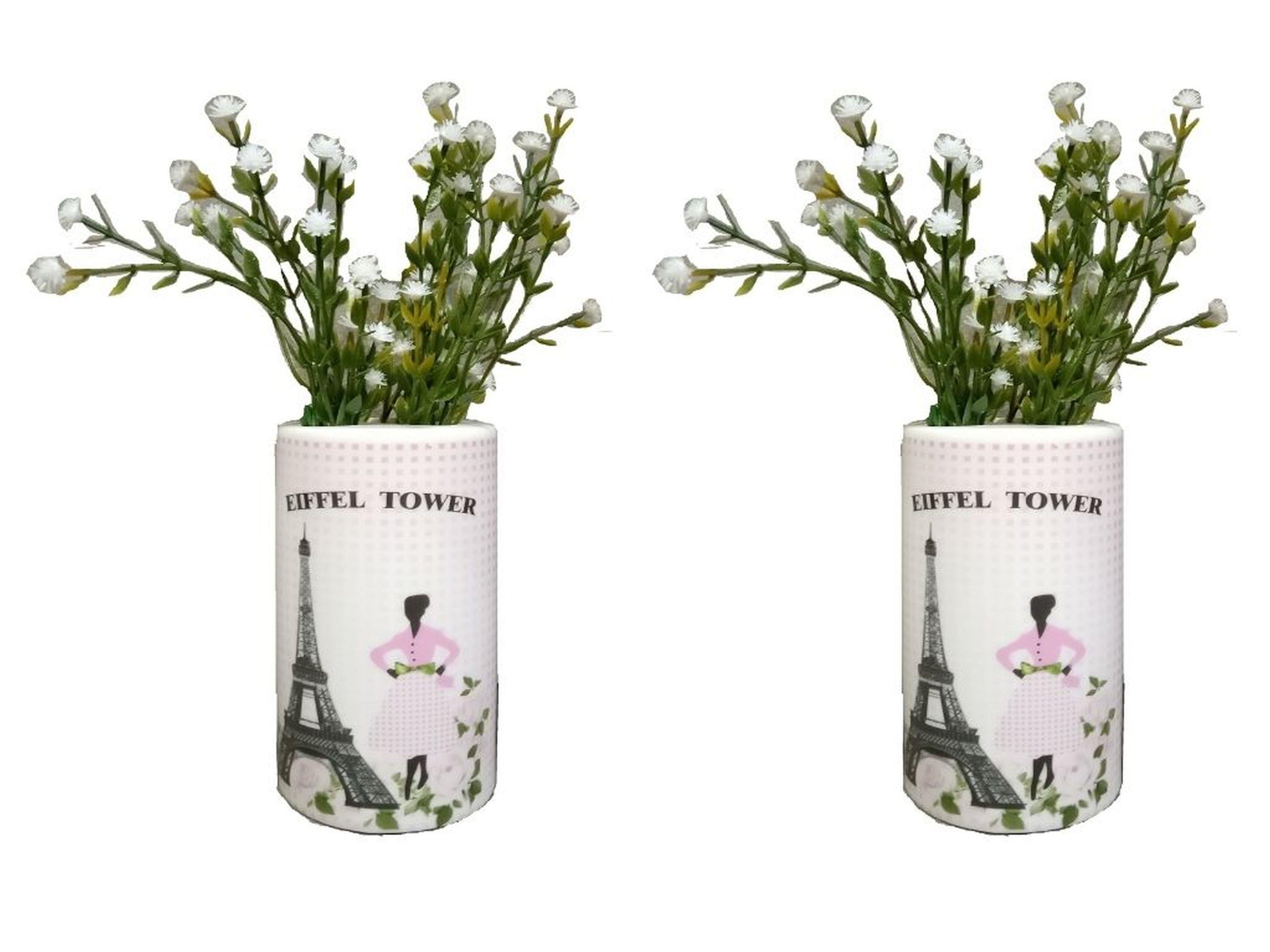 2 Adet Vazo Dahil,Vazoda Çiçek,Beyaz Yapay Çiçek,Vazo Dekoratif  Eyfel Kulesi 7X7X16Cm