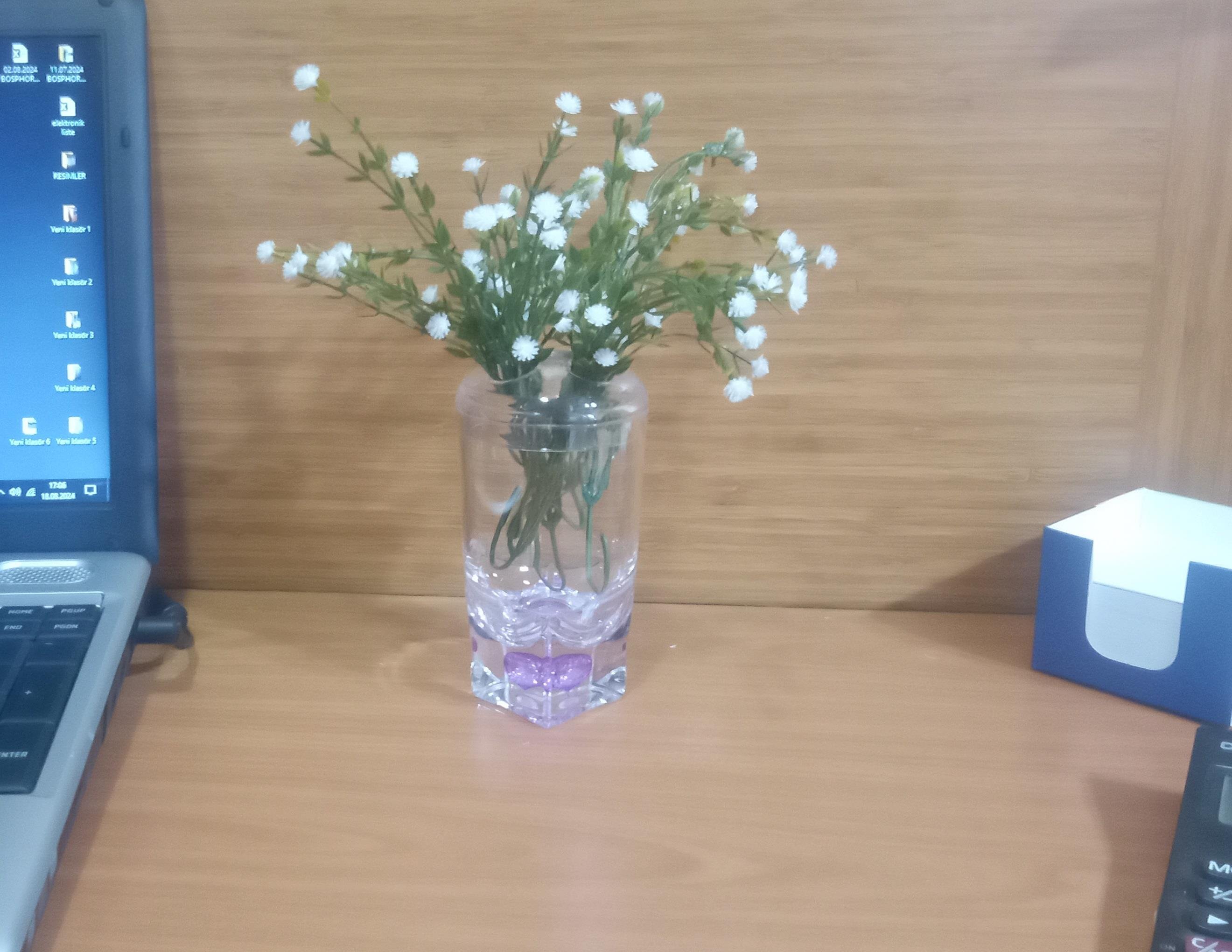 2 Adet Vazo Dahil,Vazoda Çiçek,Beyaz Yapay Çiçek,Vazo Dekoratif Mor Damlalı 6X6X19Cm