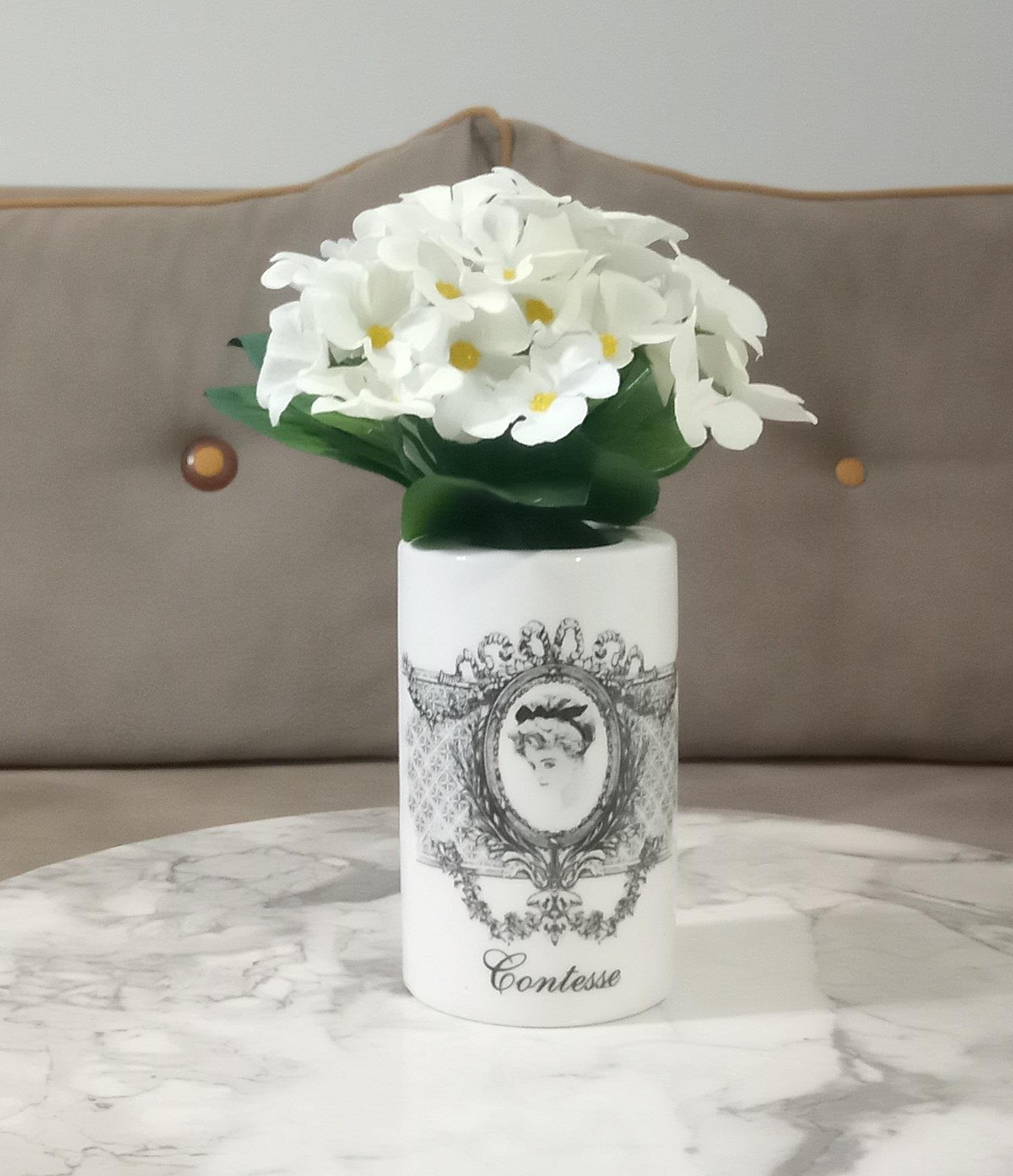 2 Adet Vazo Dahil,Vazoda Çiçek,Beyaz Yapay Çiçek,Vazo Dekoratif Kraliçe Model 7X7X16Cm 