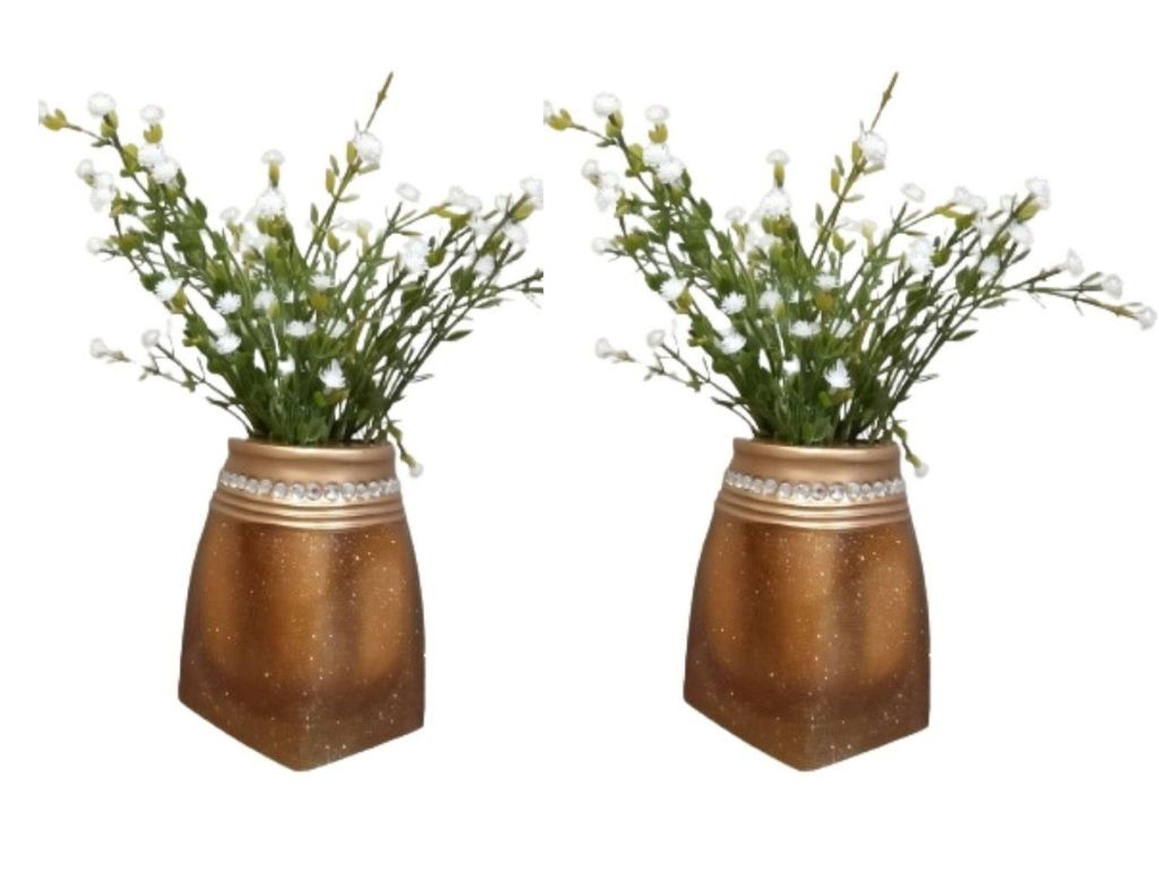 2 Adet Vazo Dahil,Vazoda Çiçek,Beyaz Yapay Çiçek,Vazo Dekoratif Taşlı Altın Poliresin 7X7X15Cm 