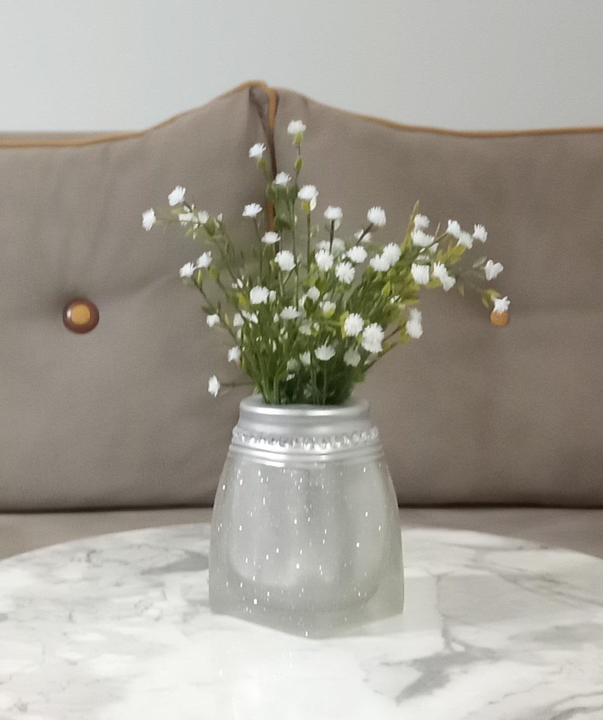 2 Adet Vazo Dahil,Vazoda Çiçek,Beyaz Yapay Çiçek,Vazo Dekoratif Kristal Taşlı Gümüş Poliresin 7X7X15Cm 