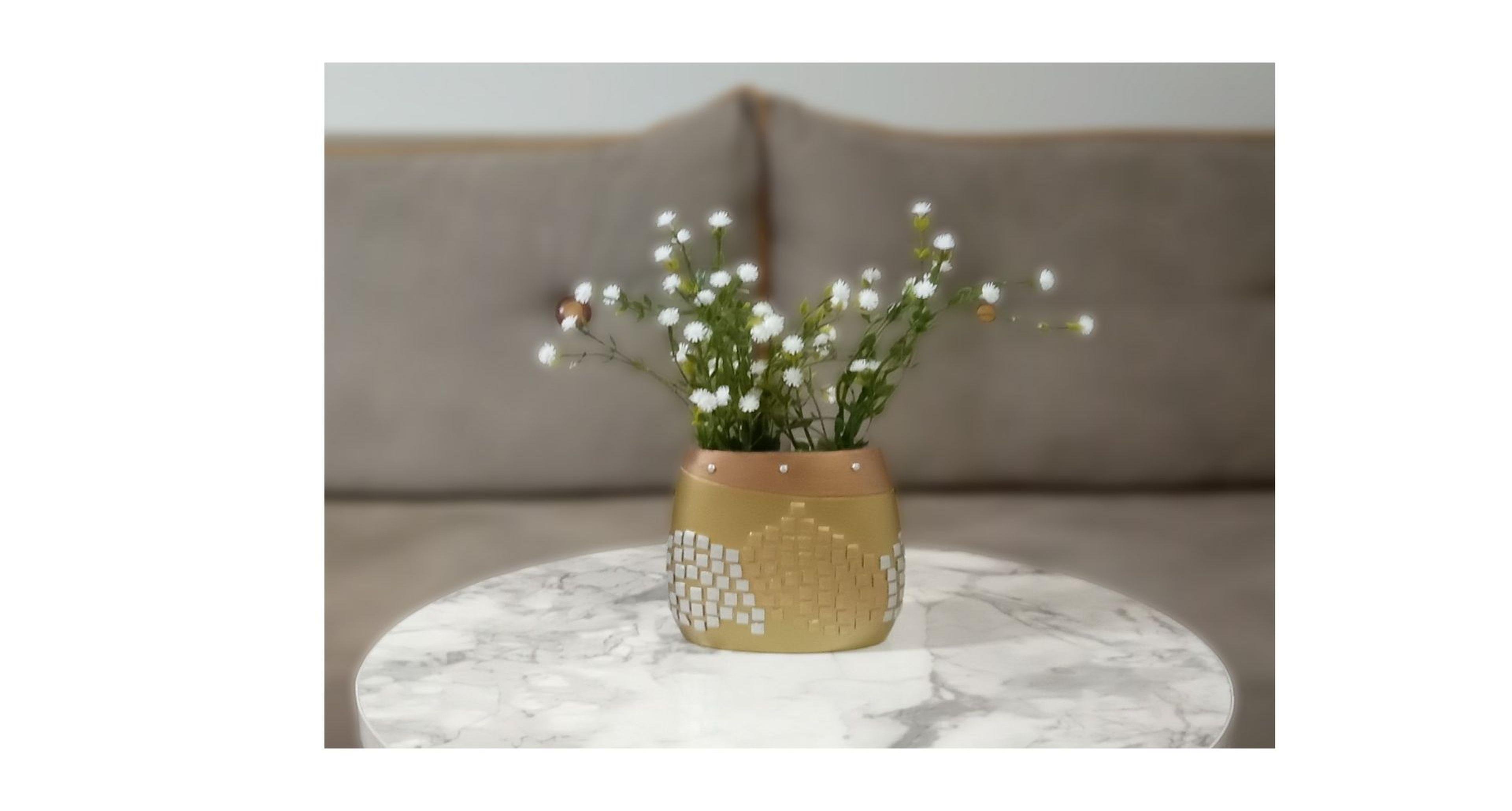 2 Adet Vazo Dahil,Vazoda Çiçek,Beyaz Yapay Çiçek,Vazo Dekoratif Altın Mozaik Poliresin 10X15X5Cm 