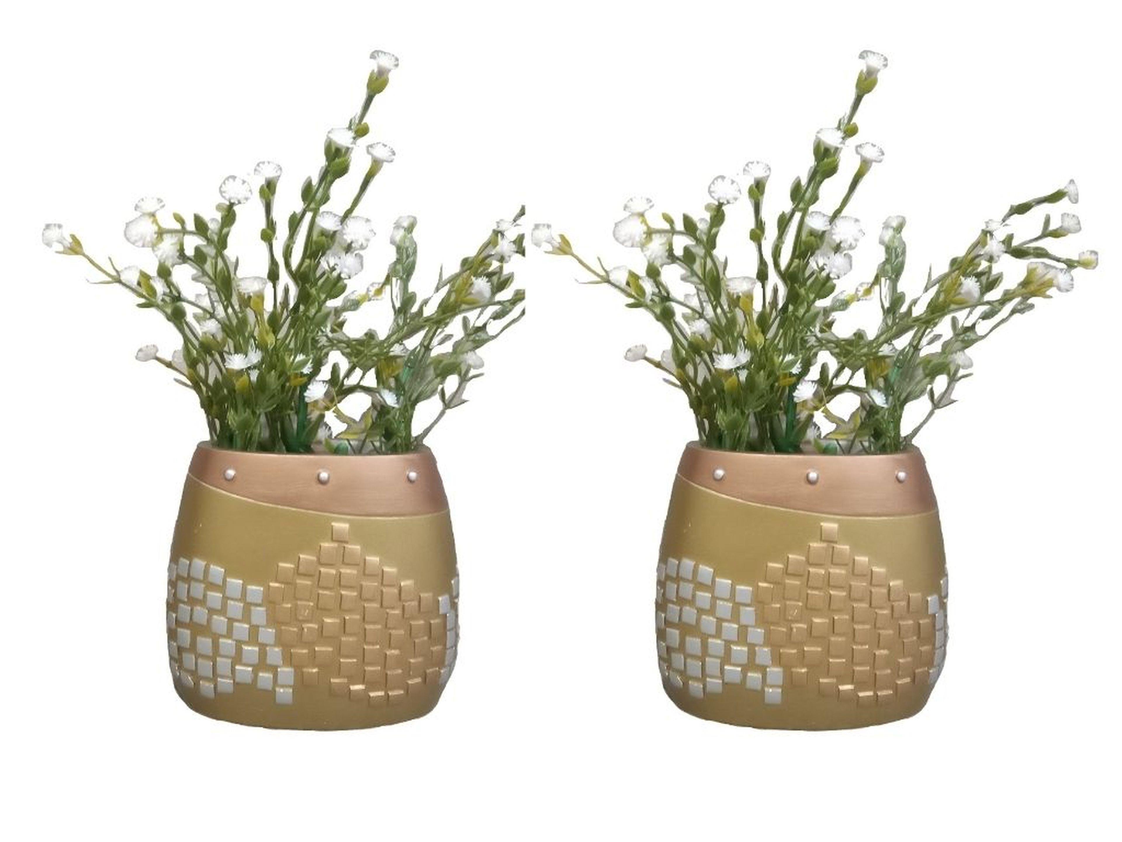 2 Adet Vazo Dahil,Vazoda Çiçek,Beyaz Yapay Çiçek,Vazo Dekoratif Altın Mozaik Poliresin 10X15X5Cm 