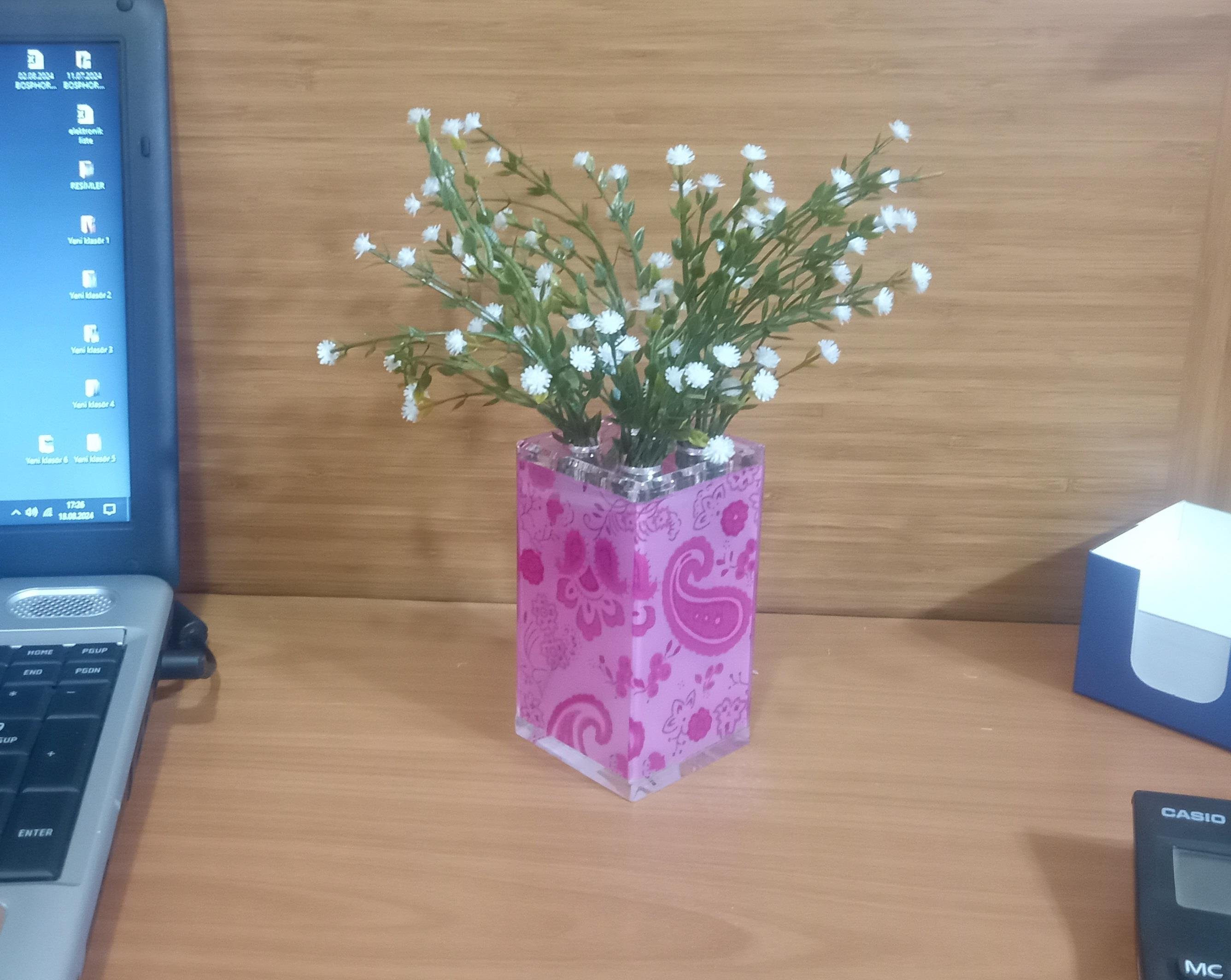 2 Adet Vazo Dahil,Vazoda Çiçek,Beyaz Yapay Çiçek,Vazo Dekoratif Pembe 7X7X17Cm 