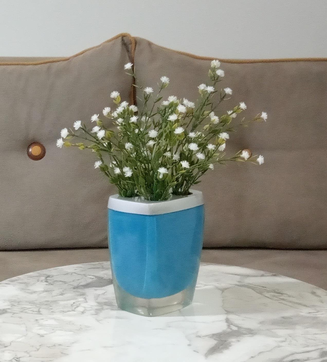 2 Adet Vazo Dahil,Vazoda Çiçek,Beyaz Yapay Çiçek,Vazo Dekoratif Gri Mavi Poliresin 8X4X16Cm  