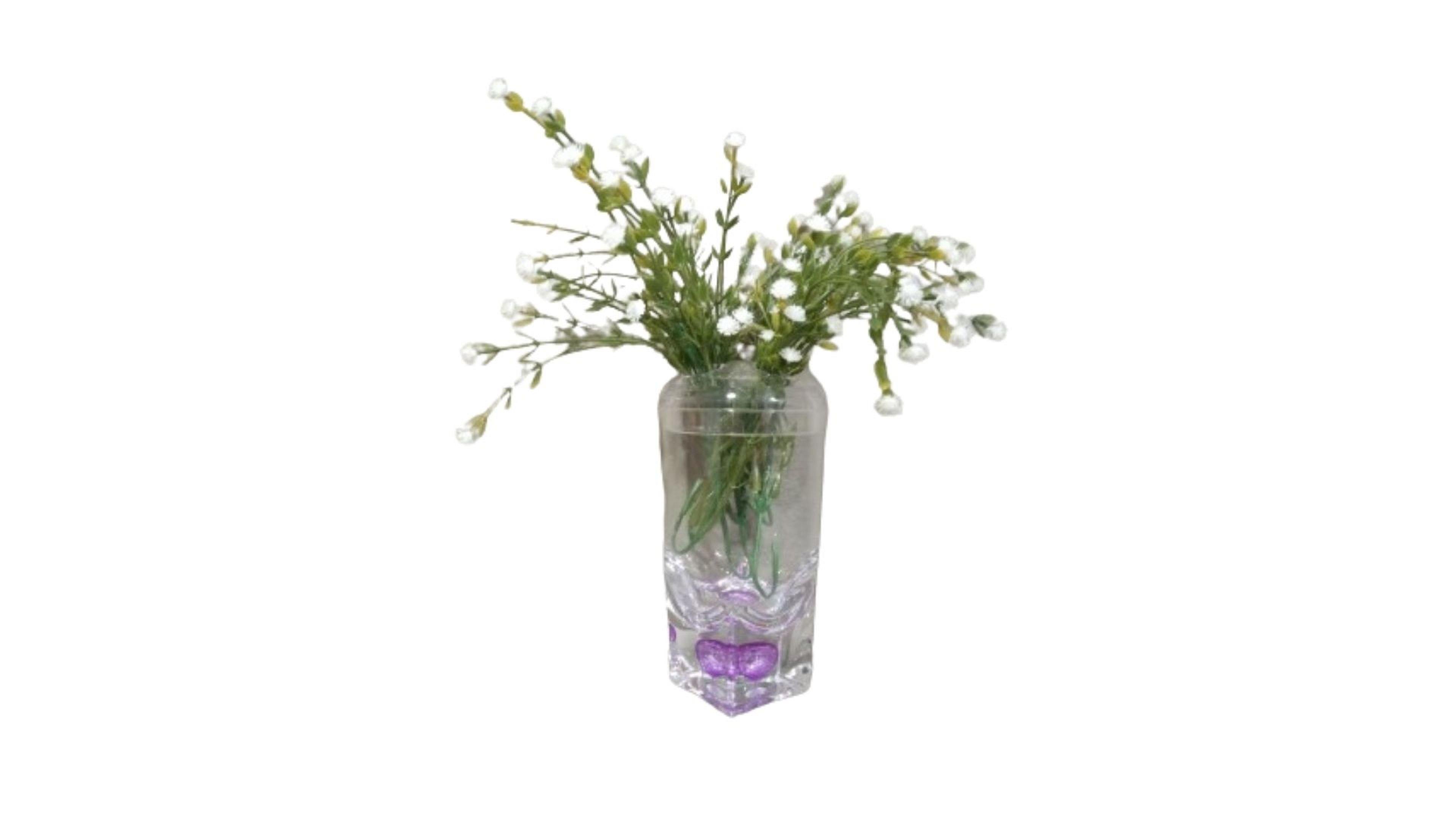 2 Adet Vazo Dahil,Vazoda Çiçek,Beyaz Yapay Çiçek,Vazo Dekoratif Mor Damlalı 6X6X19Cm