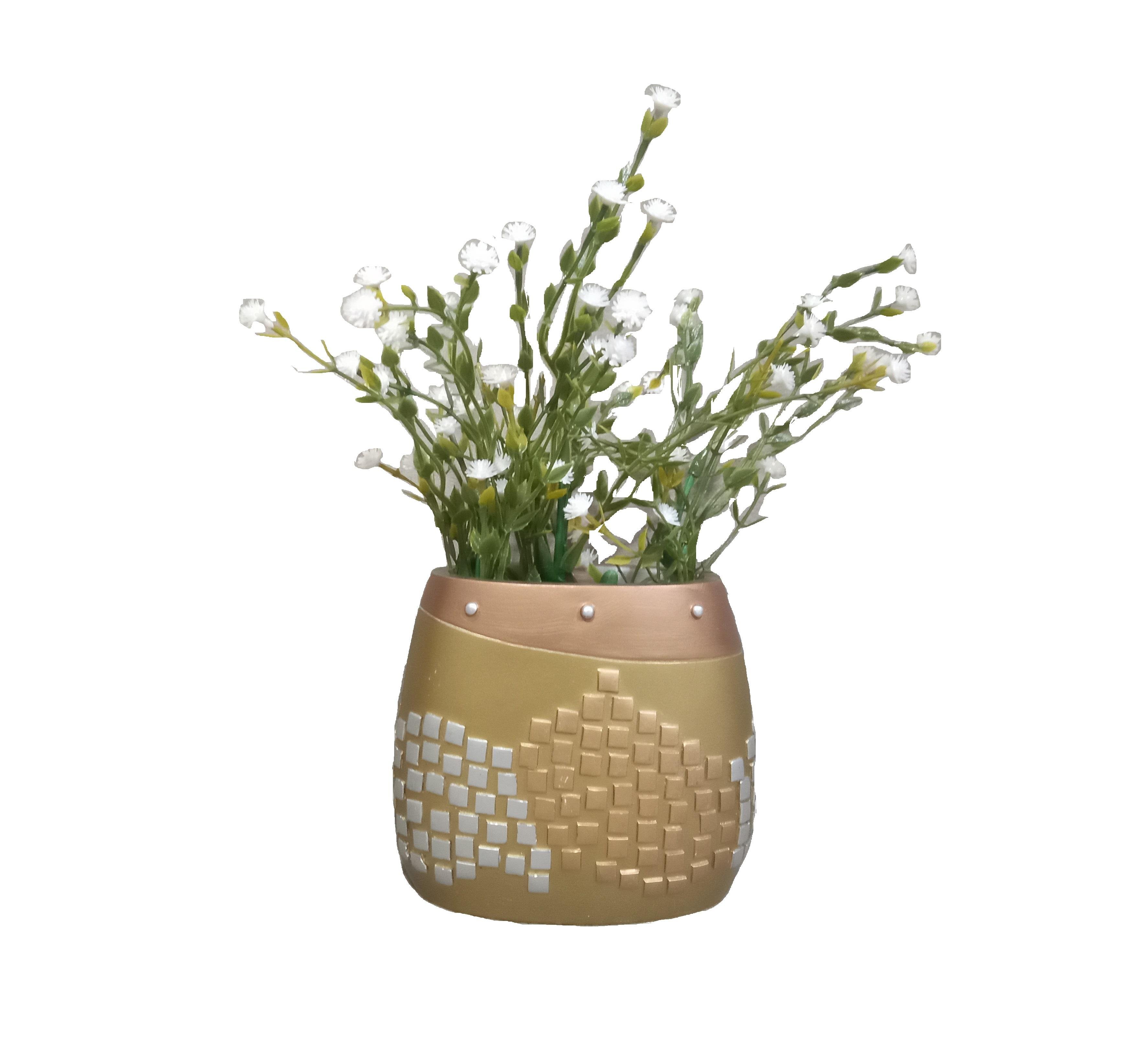 2 Adet Vazo Dahil,Vazoda Çiçek,Beyaz Yapay Çiçek,Vazo Dekoratif Altın Mozaik Poliresin 10X15X5Cm 