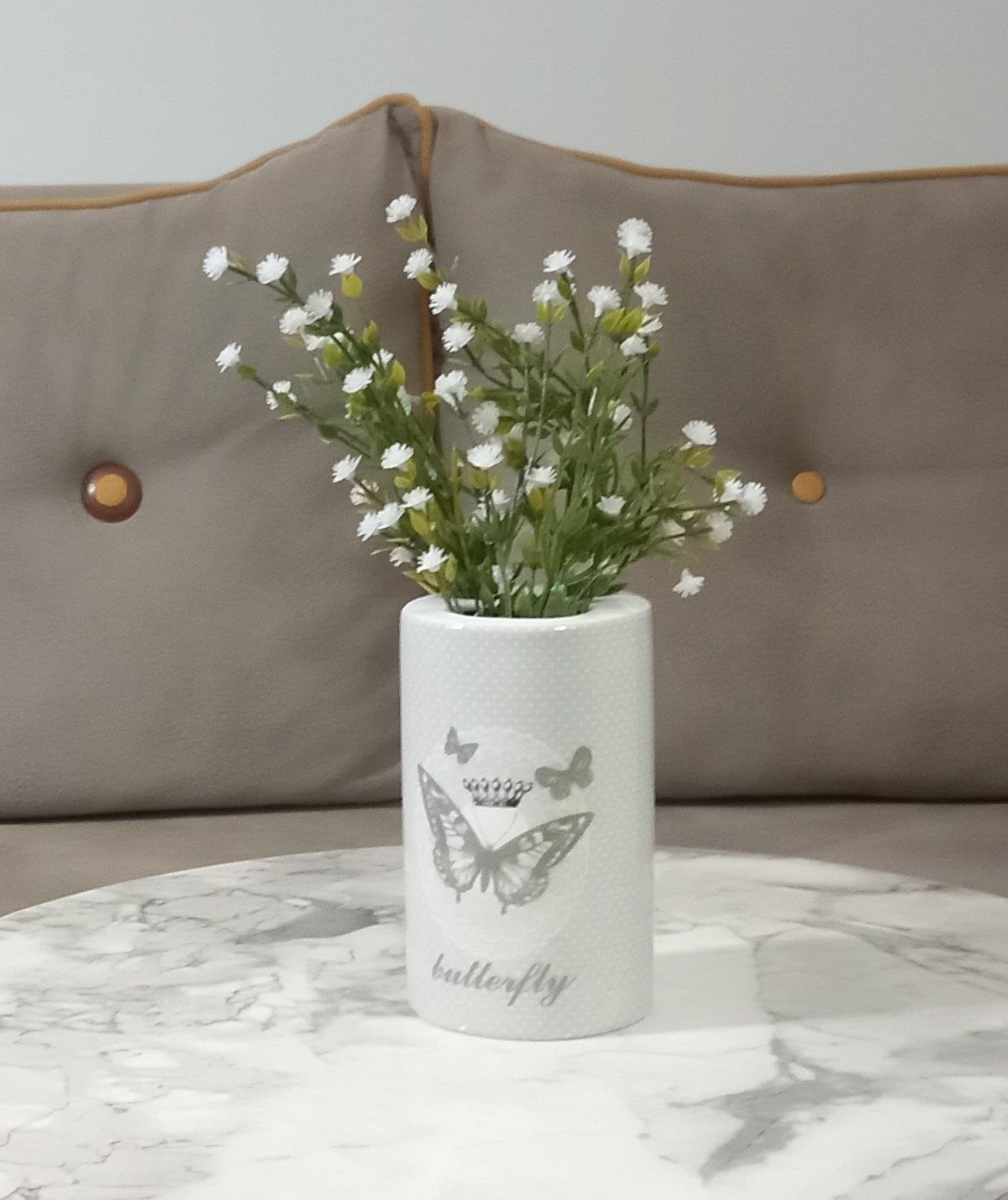 2 Adet Vazo Dahil,Vazoda Çiçek,Beyaz Yapay Çiçek,Vazo Dekoratif Kelebek Desenli 7X7X16Cm
