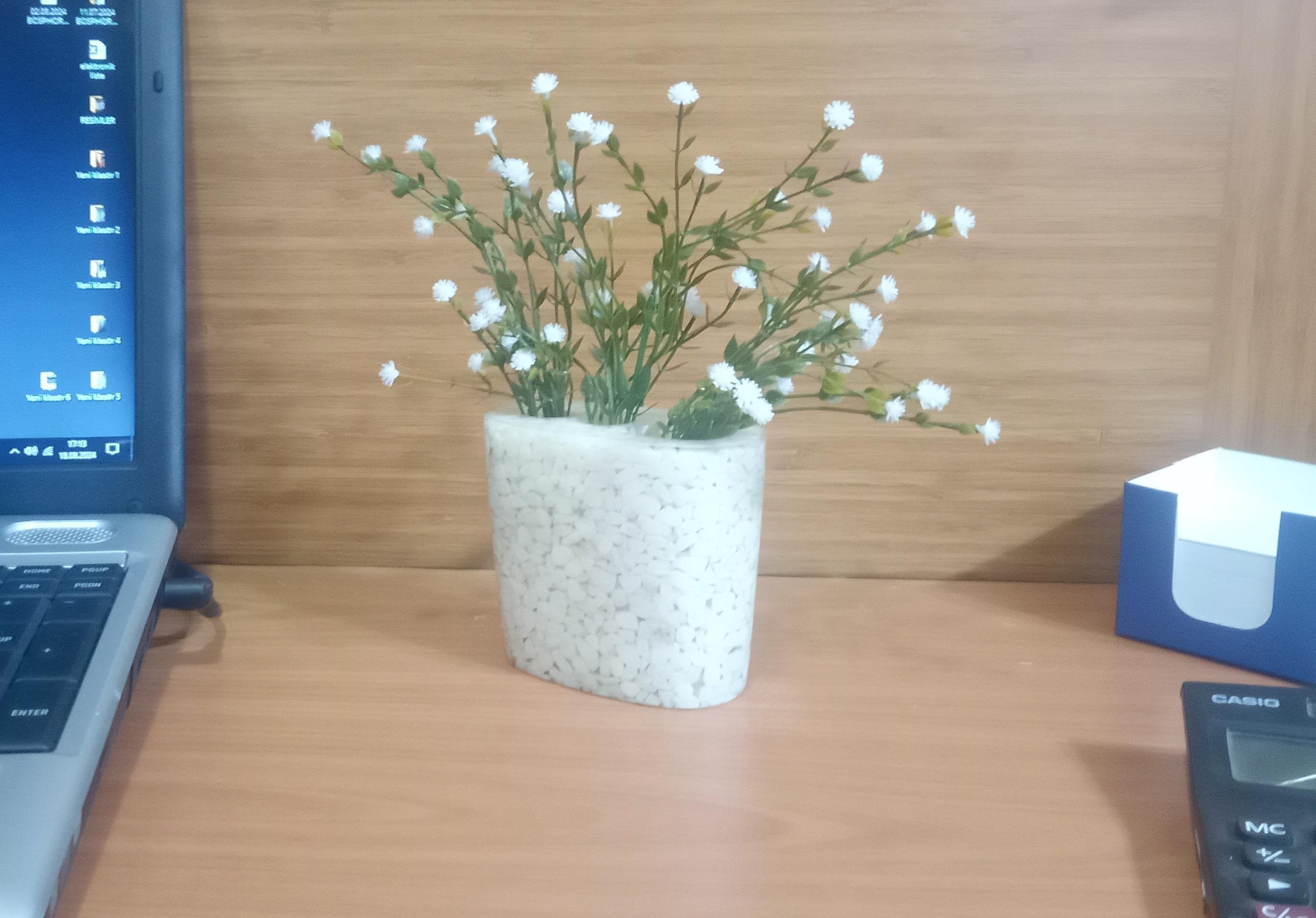 2 Adet Vazo Dahil,Vazoda Çiçek,Beyaz Yapay Çiçek,Vazo Dekoratif Deniz Taşı El Yapımı 10X5X14Cm 