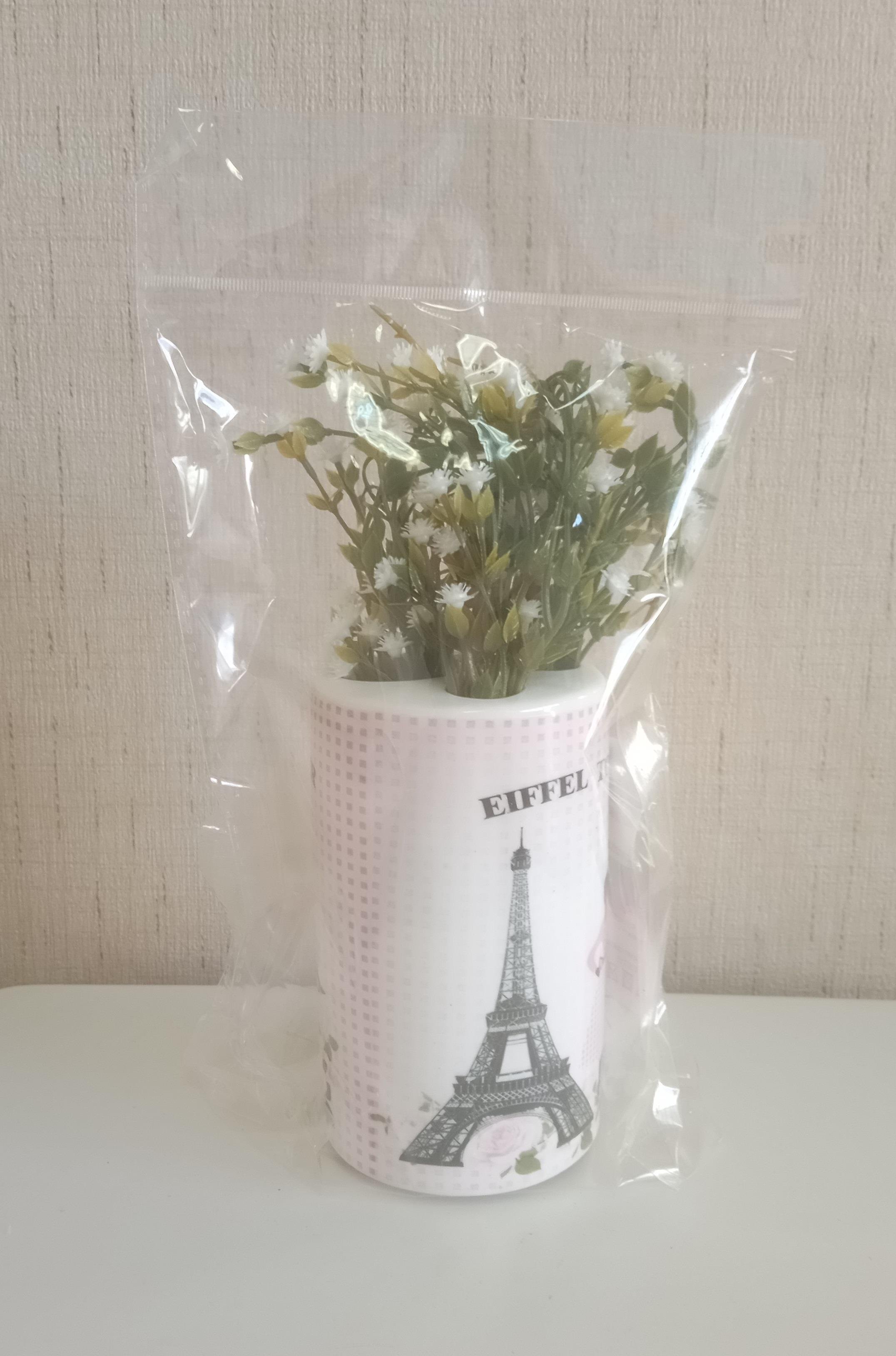2 Adet Vazo Dahil,Vazoda Çiçek,Beyaz Yapay Çiçek,Vazo Dekoratif  Eyfel Kulesi 7X7X16Cm
