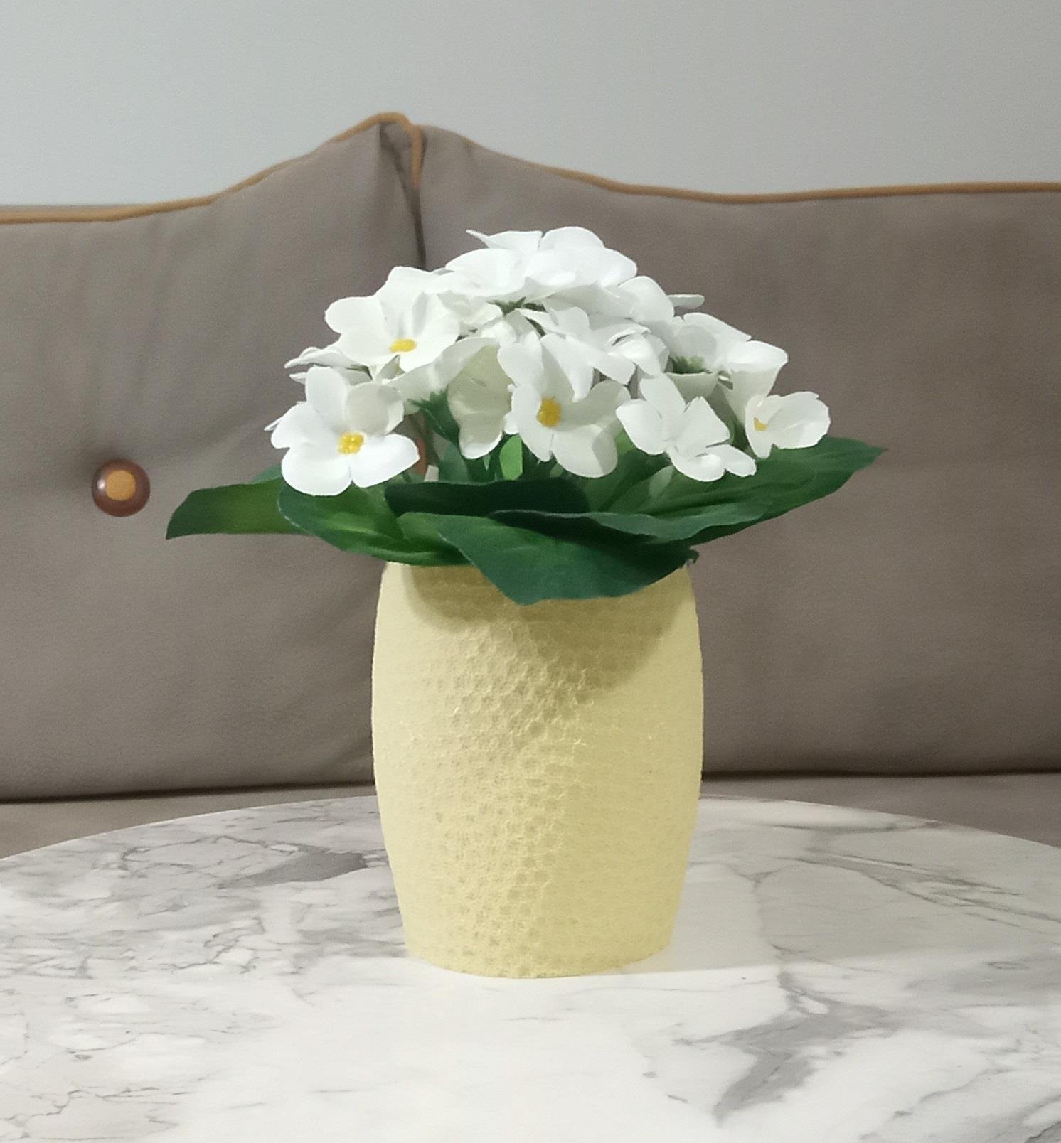 2 Adet Vazo Dahil,Vazoda Çiçek,Beyaz Yapay Çiçek,Vazo Sarı Petek Desenli Poliresin 8X8X15Cm