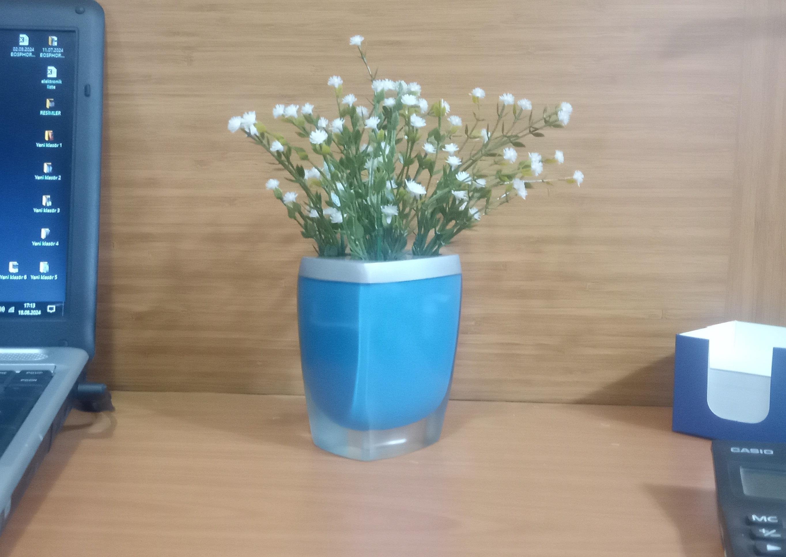 2 Adet Vazo Dahil,Vazoda Çiçek,Beyaz Yapay Çiçek,Vazo Dekoratif Gri Mavi Poliresin 8X4X16Cm  