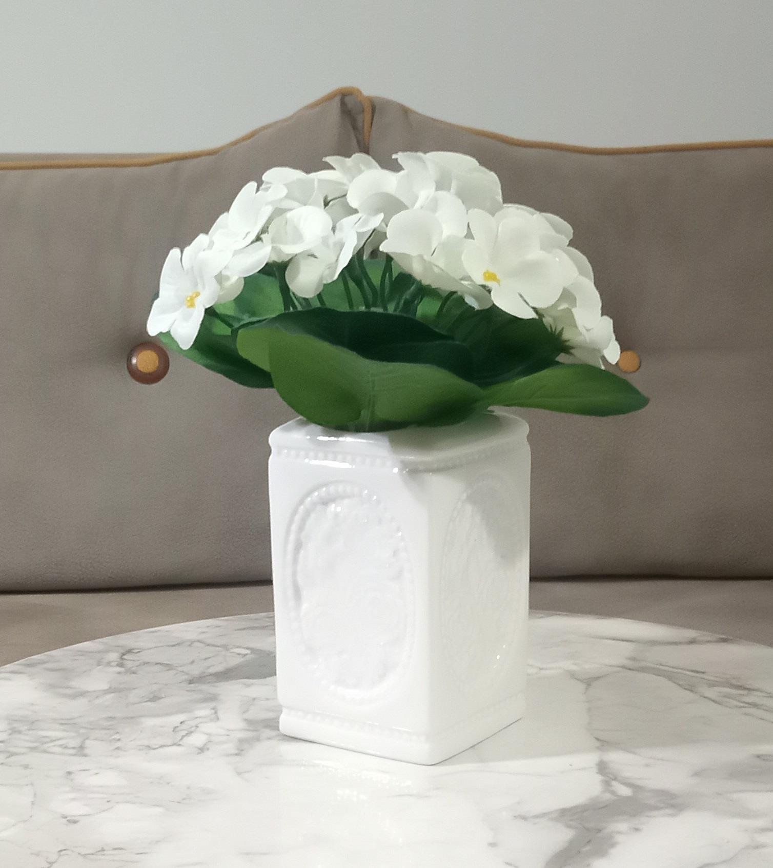 2 Adet Vazo Dahil,Vazoda Çiçek,Beyaz Yapay Çiçek,Vazo Dekoratif Çiçekli Kare 8X8X16Cm 