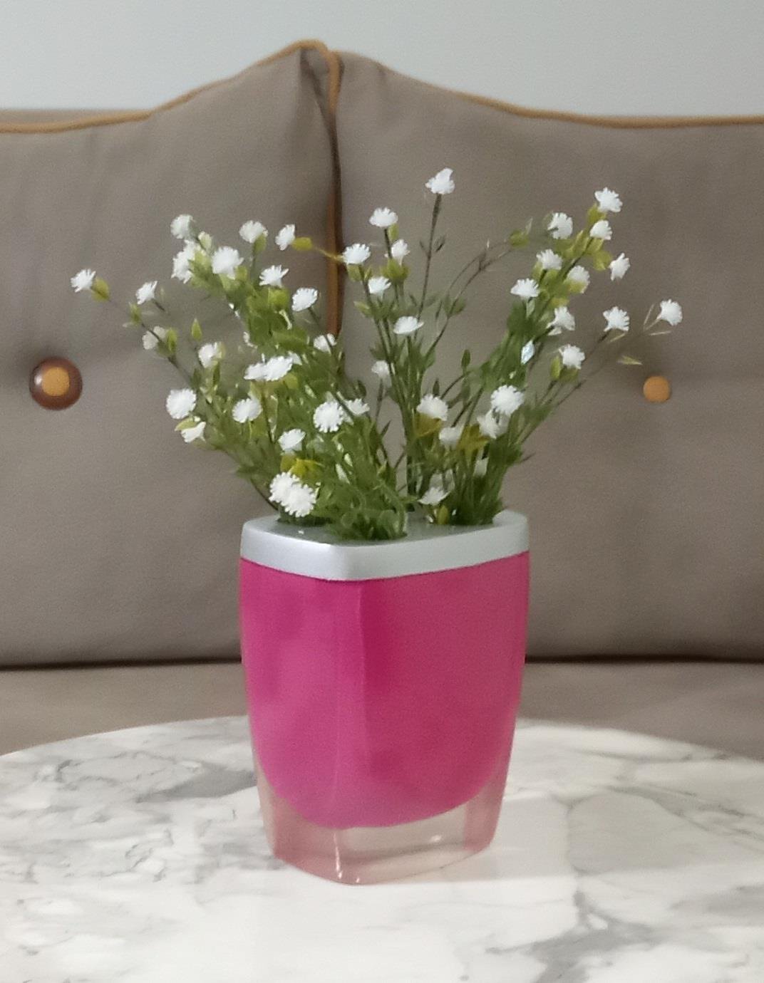 2 Adet Vazo Dahil,Vazoda Çiçek,Beyaz Yapay Çiçek,Vazo Dekoratif Gri Pembe Poliresin 8X4X16Cm 