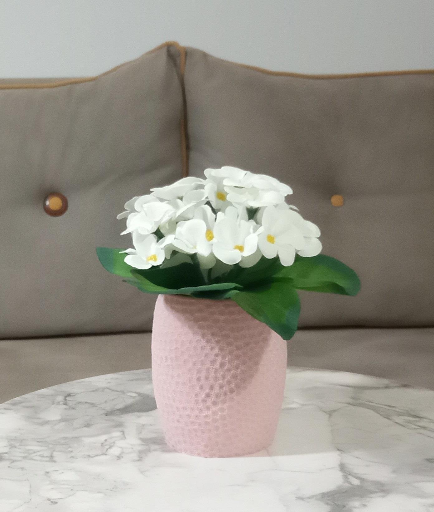 2 Adet Vazo Dahil,Vazoda Çiçek,Beyaz Yapay Çiçek,Vazo Pembe Petek Desenli Poliresin 8X8X15Cm