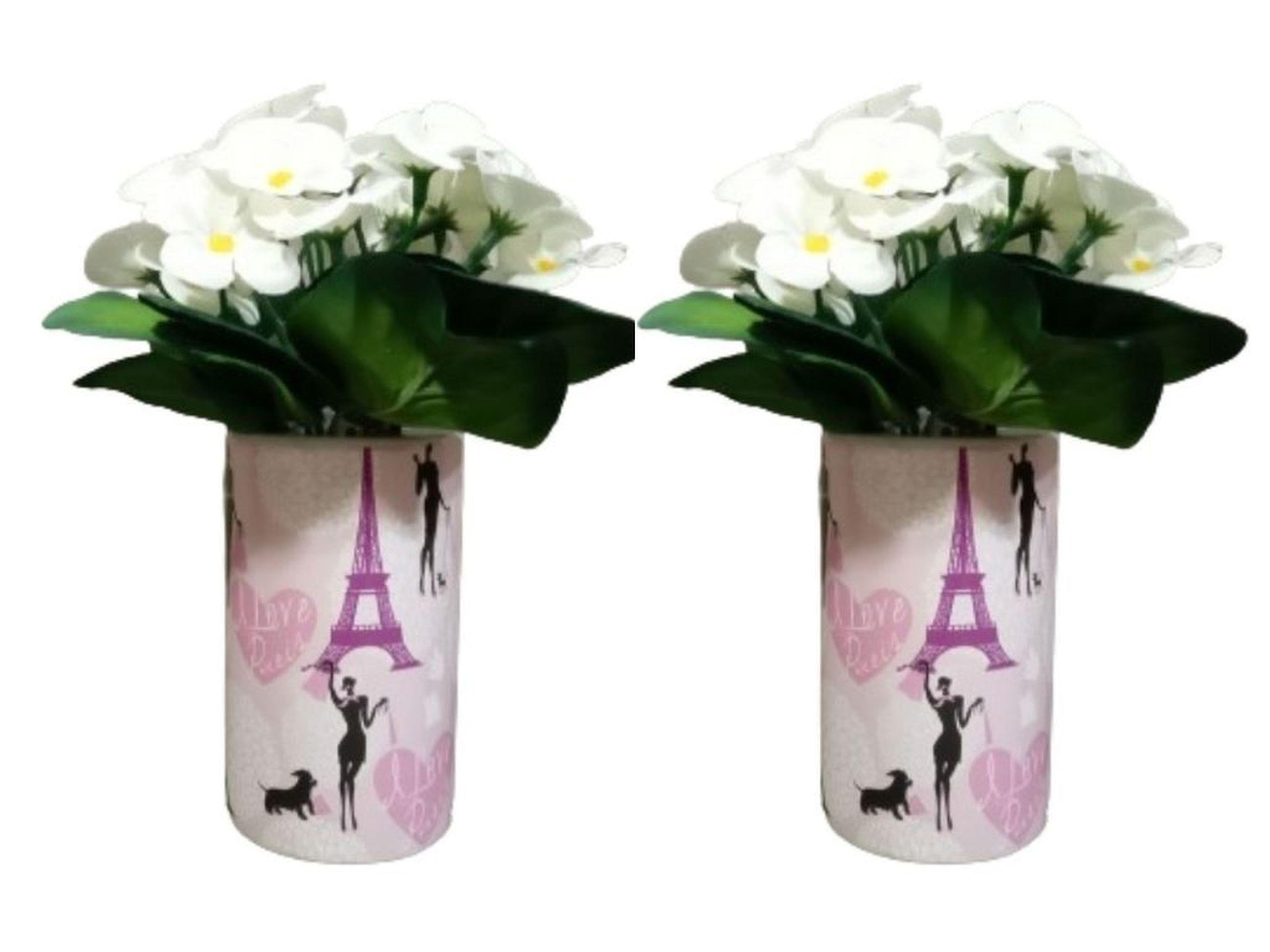 2 Adet Vazo Dahil,Vazoda Çiçek,Beyaz Yapay Çiçek,Vazo Dekoratif  Kızlı Paris Desenli 7X7X16Cm