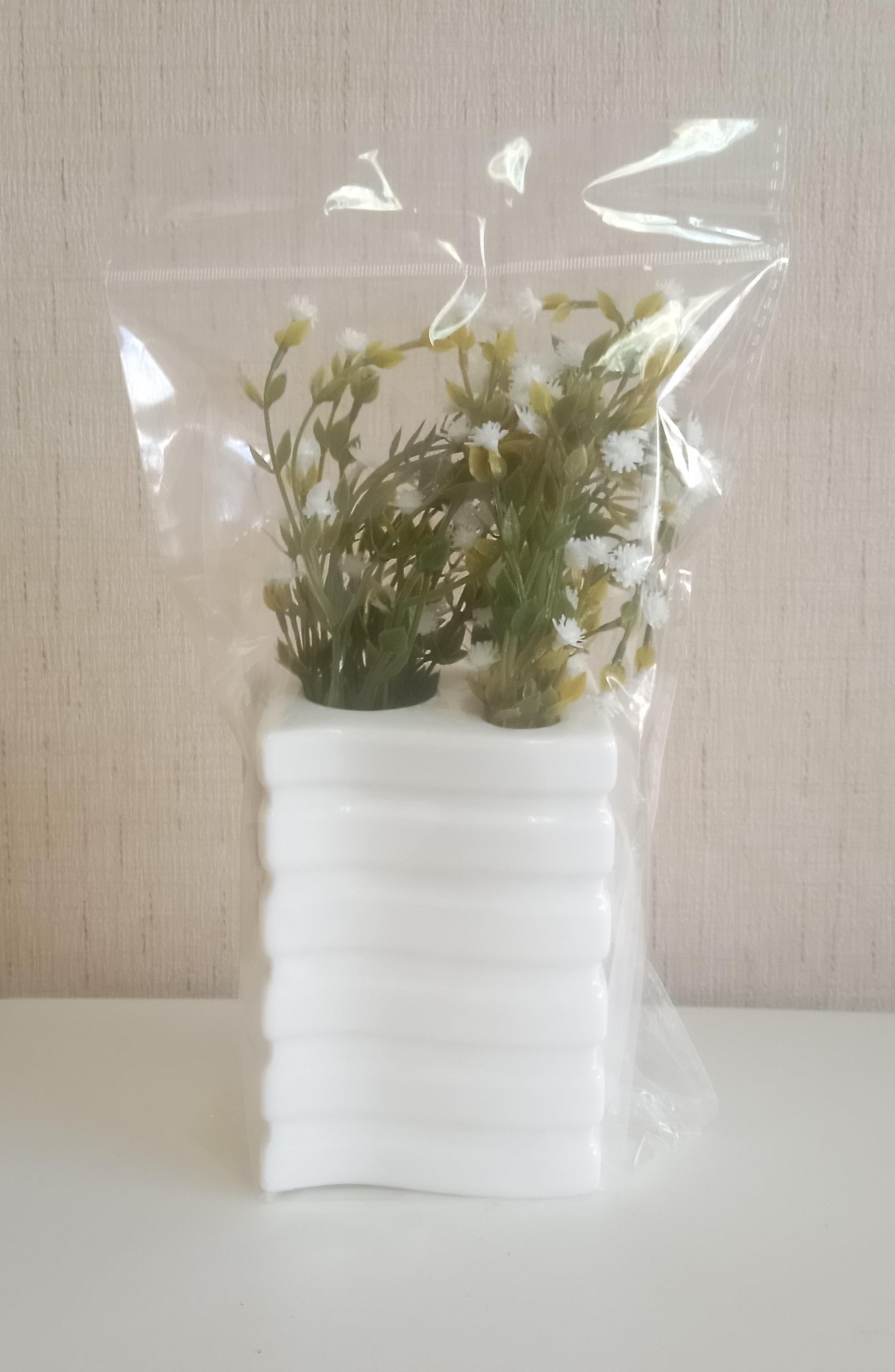 2 Adet Vazo Dahil,Vazoda Çiçek,Beyaz Yapay Çiçek,Vazo Dekoratif Kare Çizgili 8X6X16Cm