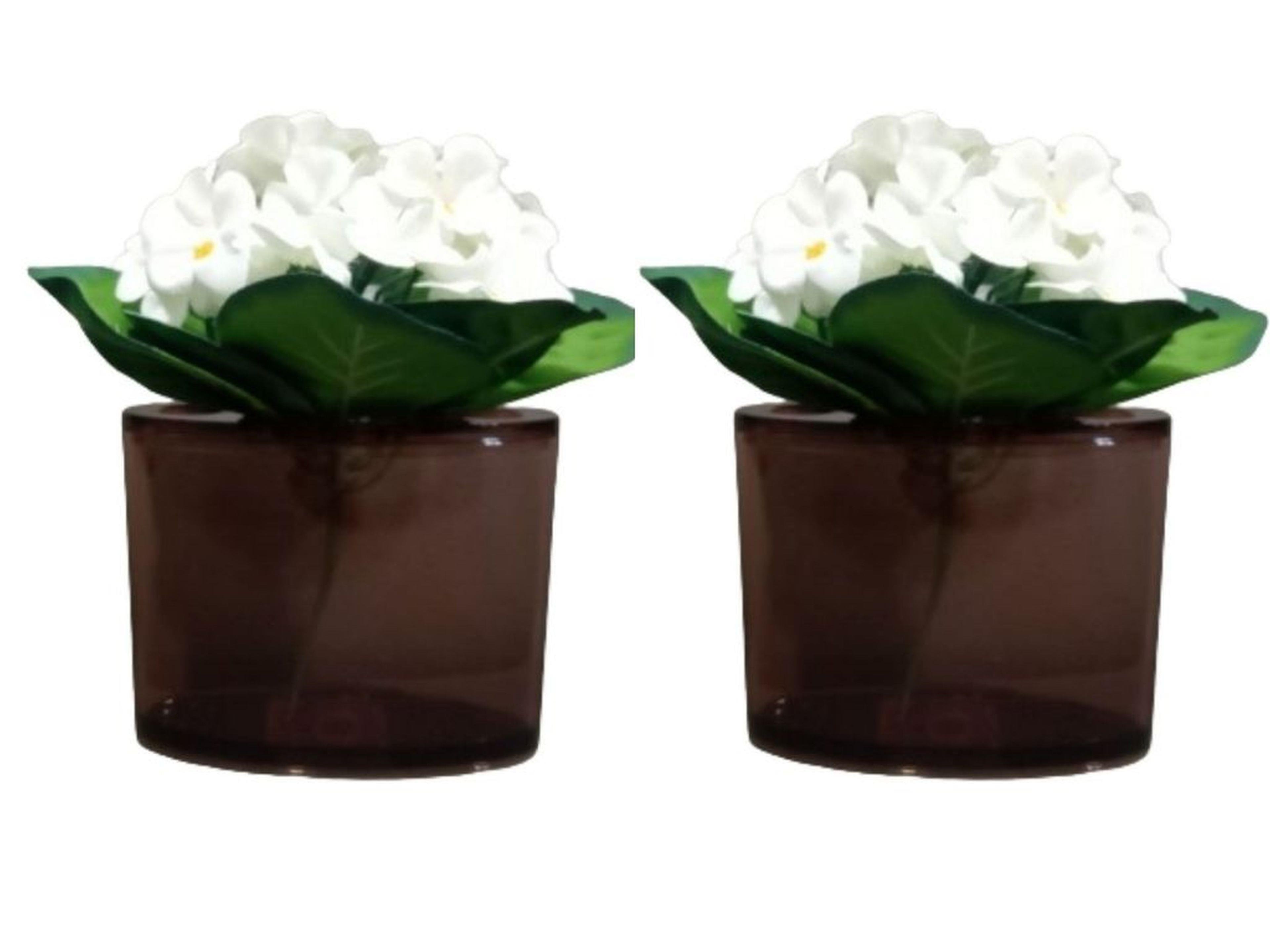 2 Adet Vazo Dahil,Vazoda Çiçek,Beyaz Yapay Çiçek,Vazo Dekoratif  Oval Kahverengi 13X5X15Cm 