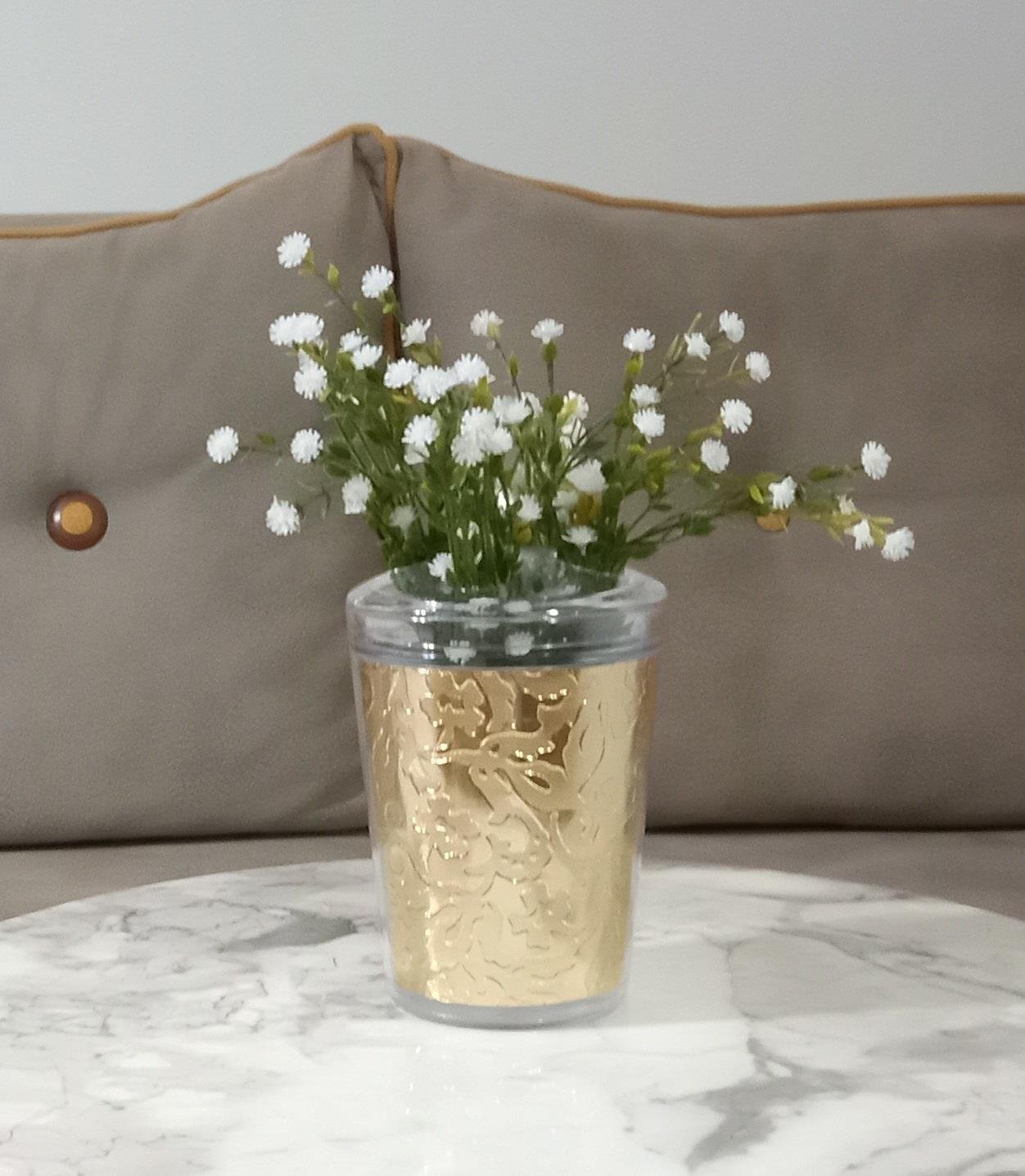 2 Adet Vazo Dahil,Vazoda Çiçek,Beyaz Yapay Çiçek,Vazo Dekoratif Altın Yaprak 9X9X17Cm 