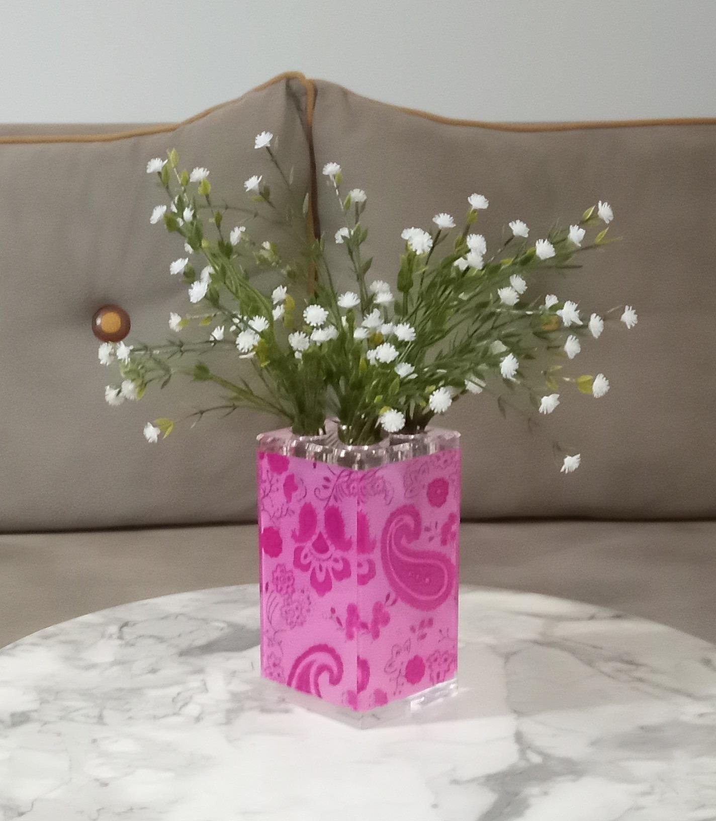 2 Adet Vazo Dahil,Vazoda Çiçek,Beyaz Yapay Çiçek,Vazo Dekoratif Pembe 7X7X17Cm 