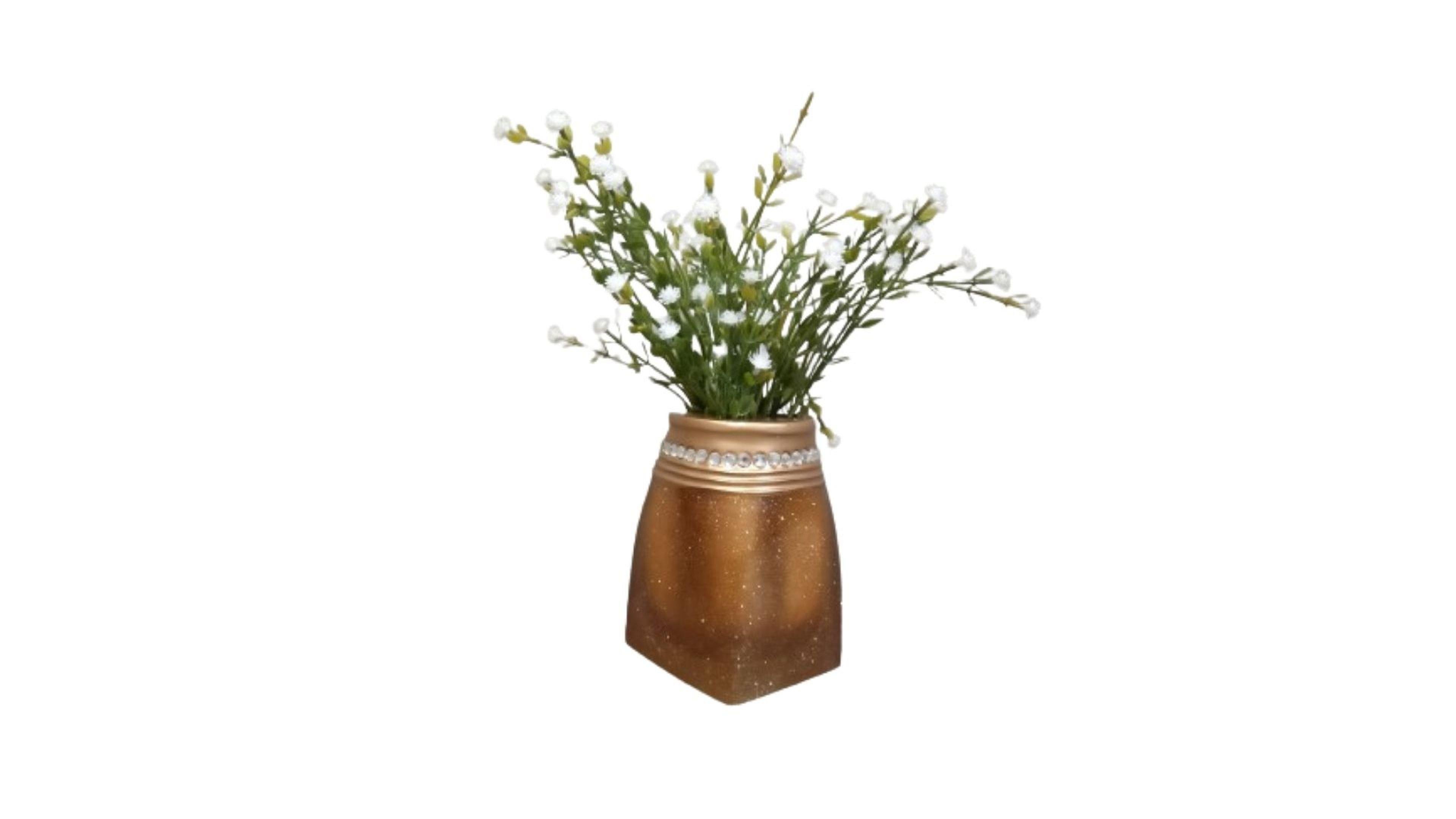 2 Adet Vazo Dahil,Vazoda Çiçek,Beyaz Yapay Çiçek,Vazo Dekoratif Taşlı Altın Poliresin 7X7X15Cm 