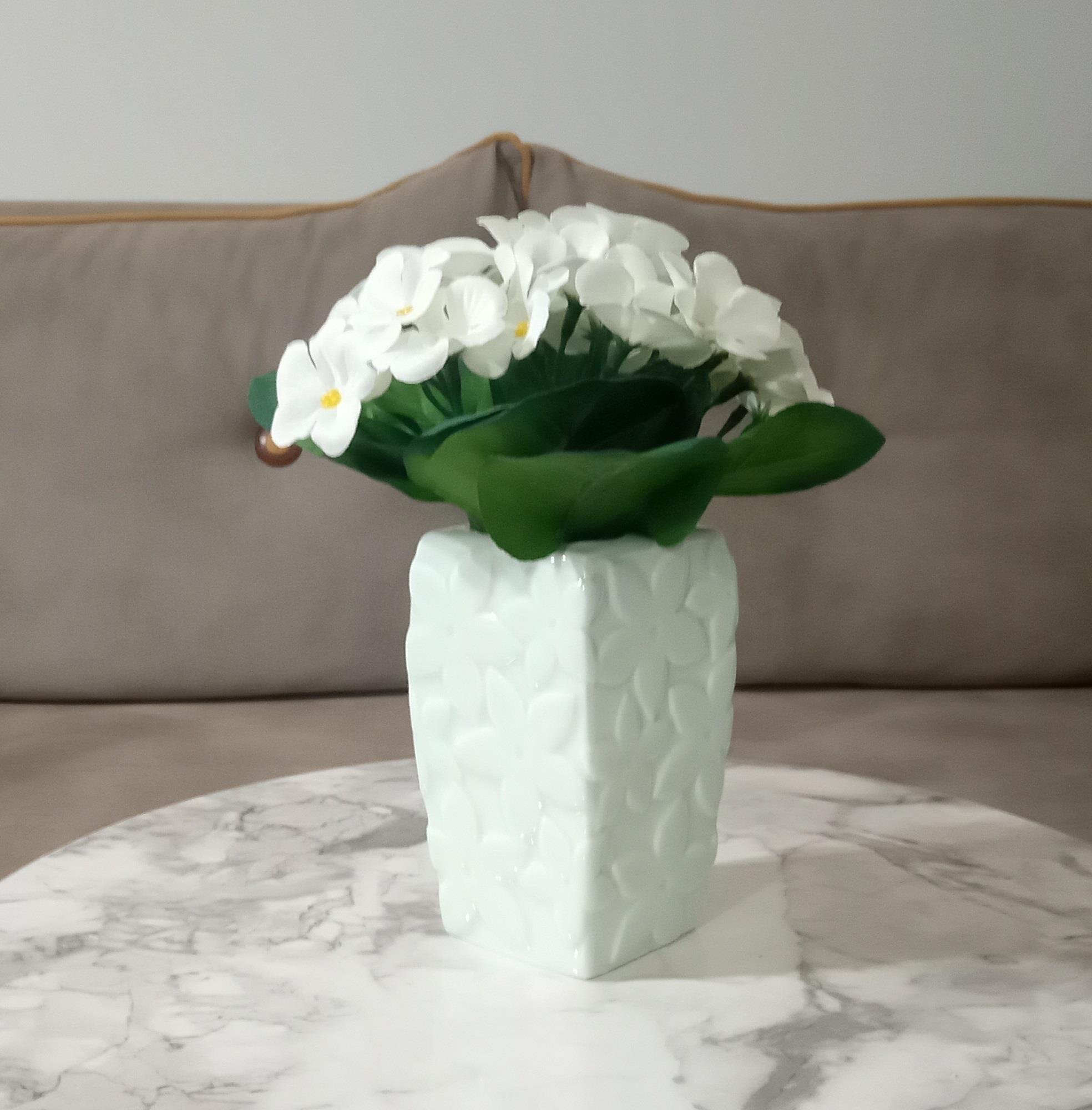 2 Adet Vazo Dahil,Vazoda Çiçek,Beyaz Yapay Çiçek,Vazo Dekoratif Çiçekli Su Yeşili 7X7X17Cm   