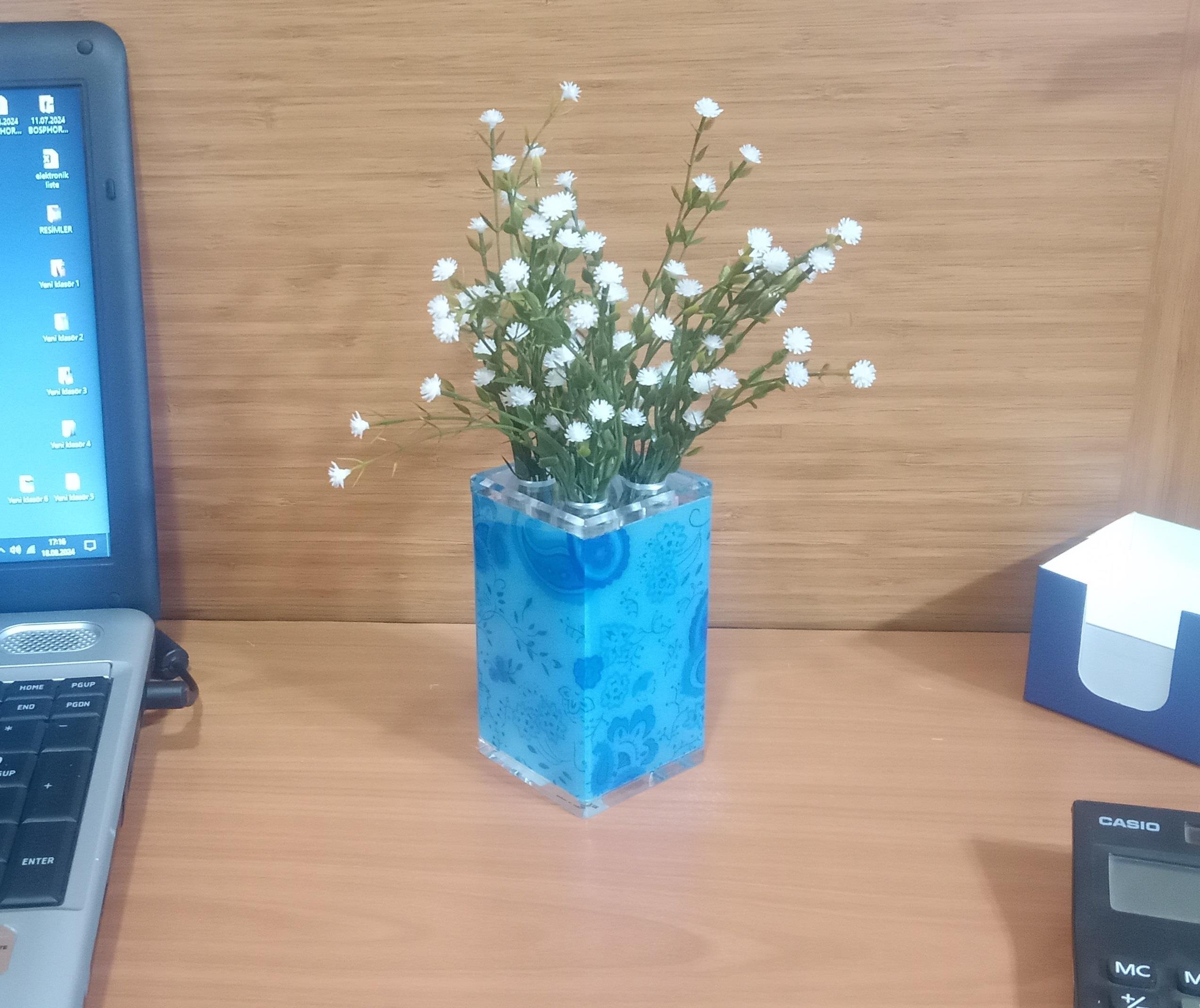 2 Adet Vazo Dahil,Vazoda Çiçek,Beyaz Yapay Çiçek,Vazo Dekoratif Mavi  7X7X17Cm 