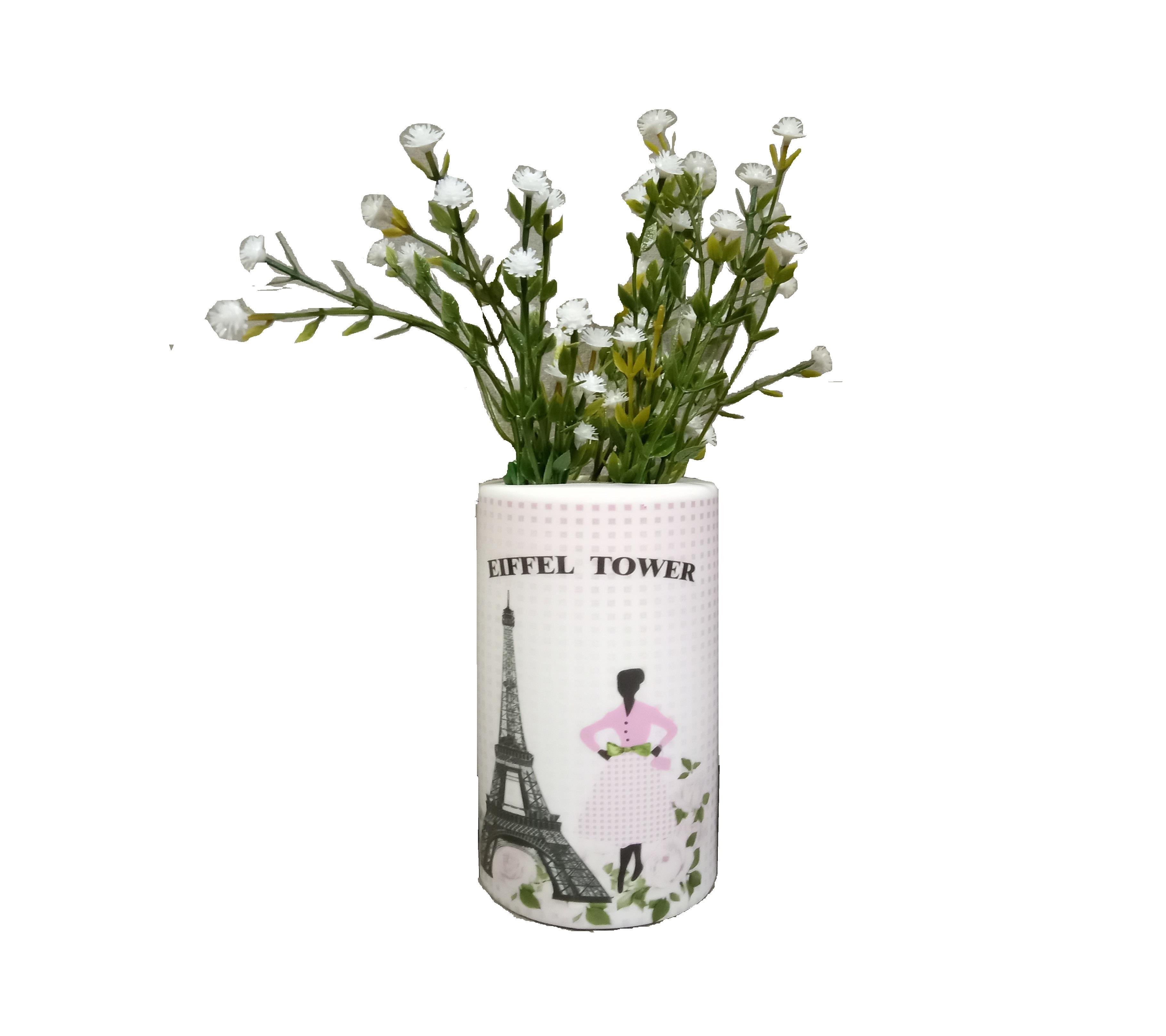 2 Adet Vazo Dahil,Vazoda Çiçek,Beyaz Yapay Çiçek,Vazo Dekoratif  Eyfel Kulesi 7X7X16Cm