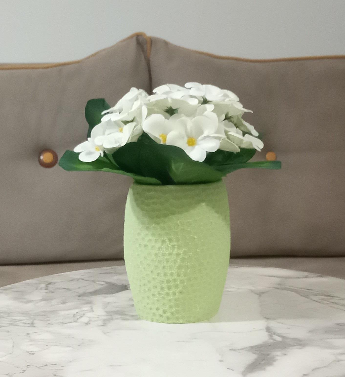 2 Adet Vazo Dahil,Vazoda Çiçek,Beyaz Yapay Çiçek,Vazo Yeşil Petek Desenli Poliresin 8X8X15Cm