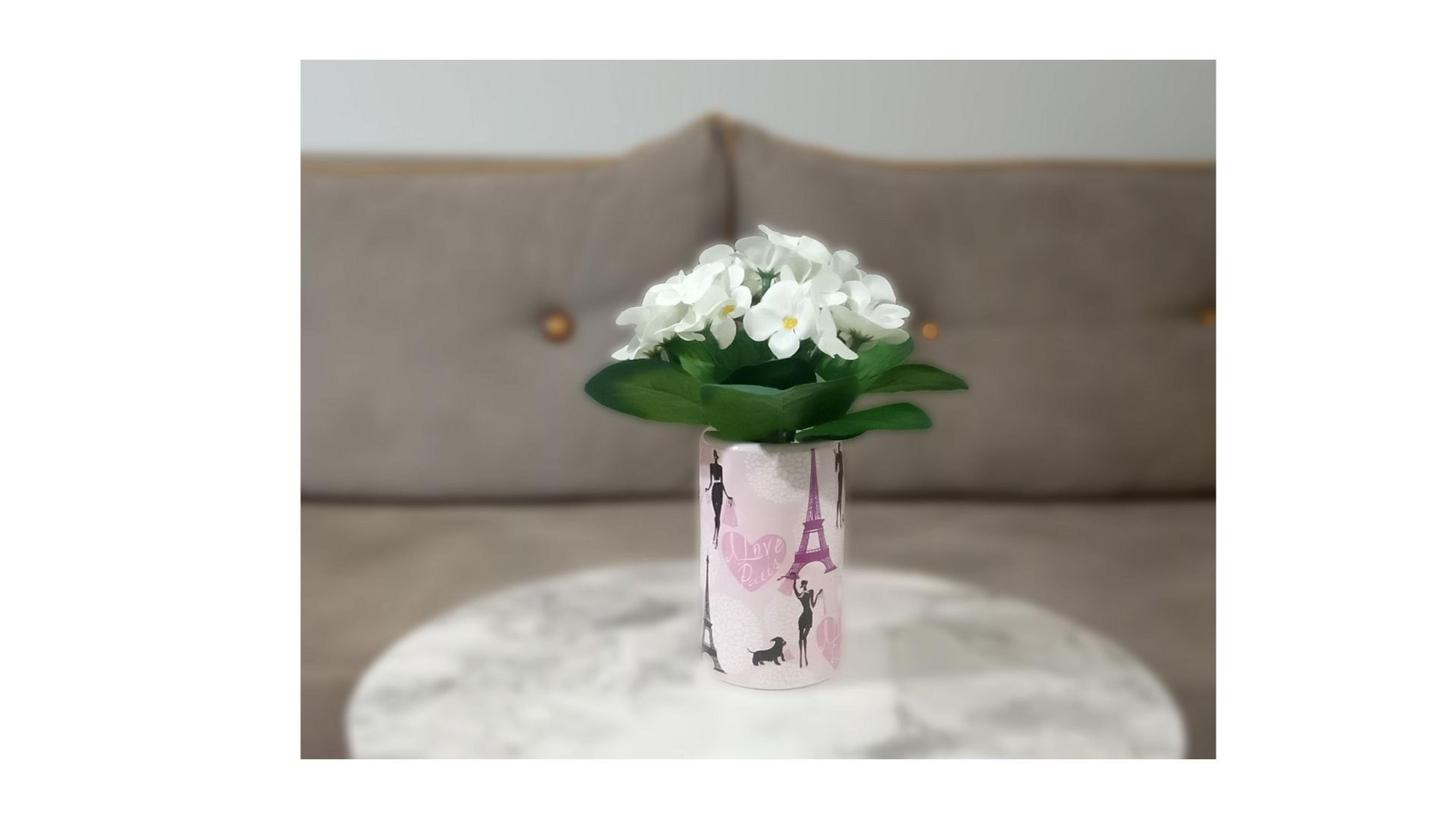 2 Adet Vazo Dahil,Vazoda Çiçek,Beyaz Yapay Çiçek,Vazo Dekoratif  Kızlı Paris Desenli 7X7X16Cm