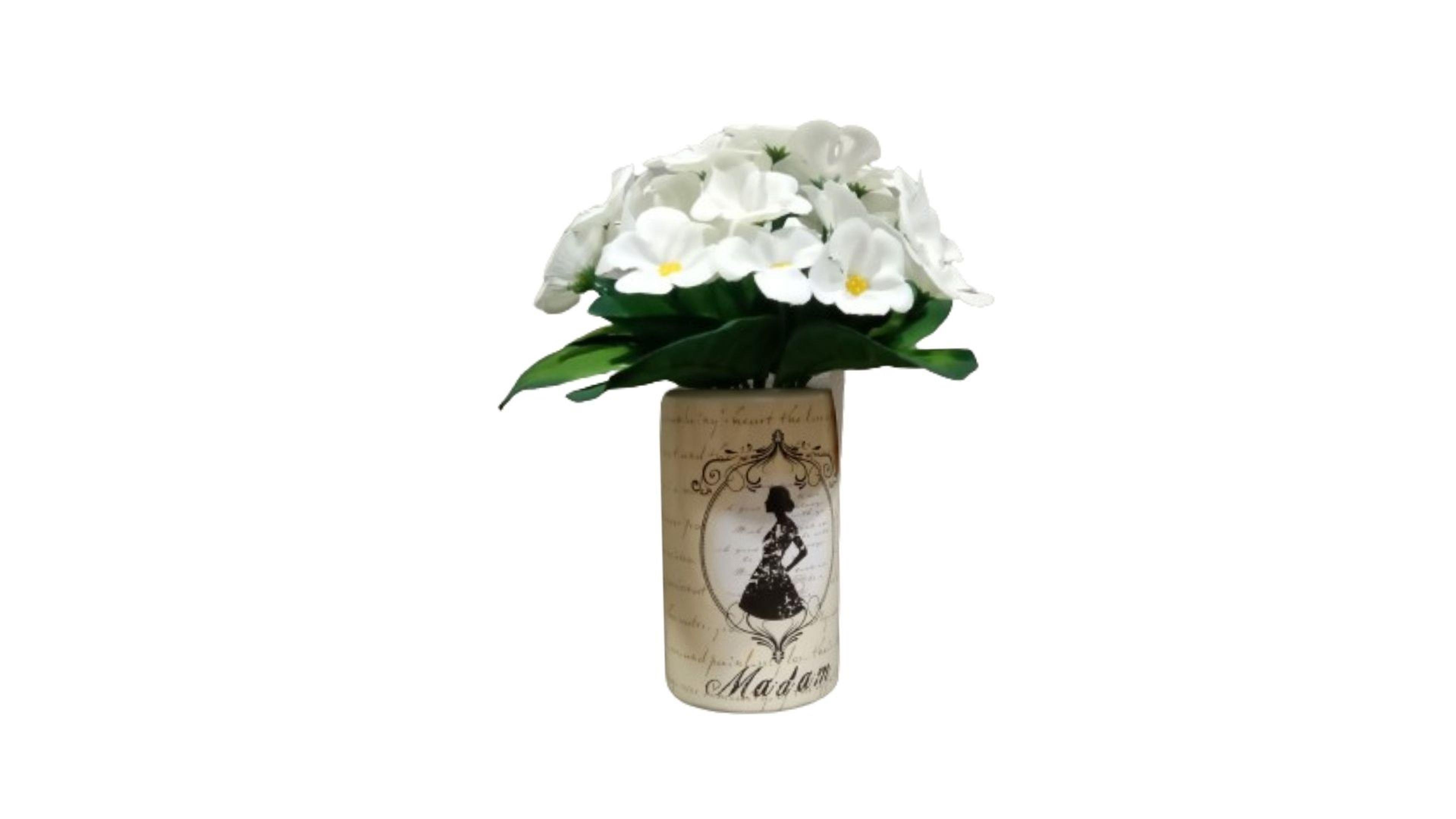 2 Adet Vazo Dahil,Vazoda Çiçek,Beyaz Yapay Çiçek,Vazo Dekoratif Madam Desenli 7X7X16Cm 