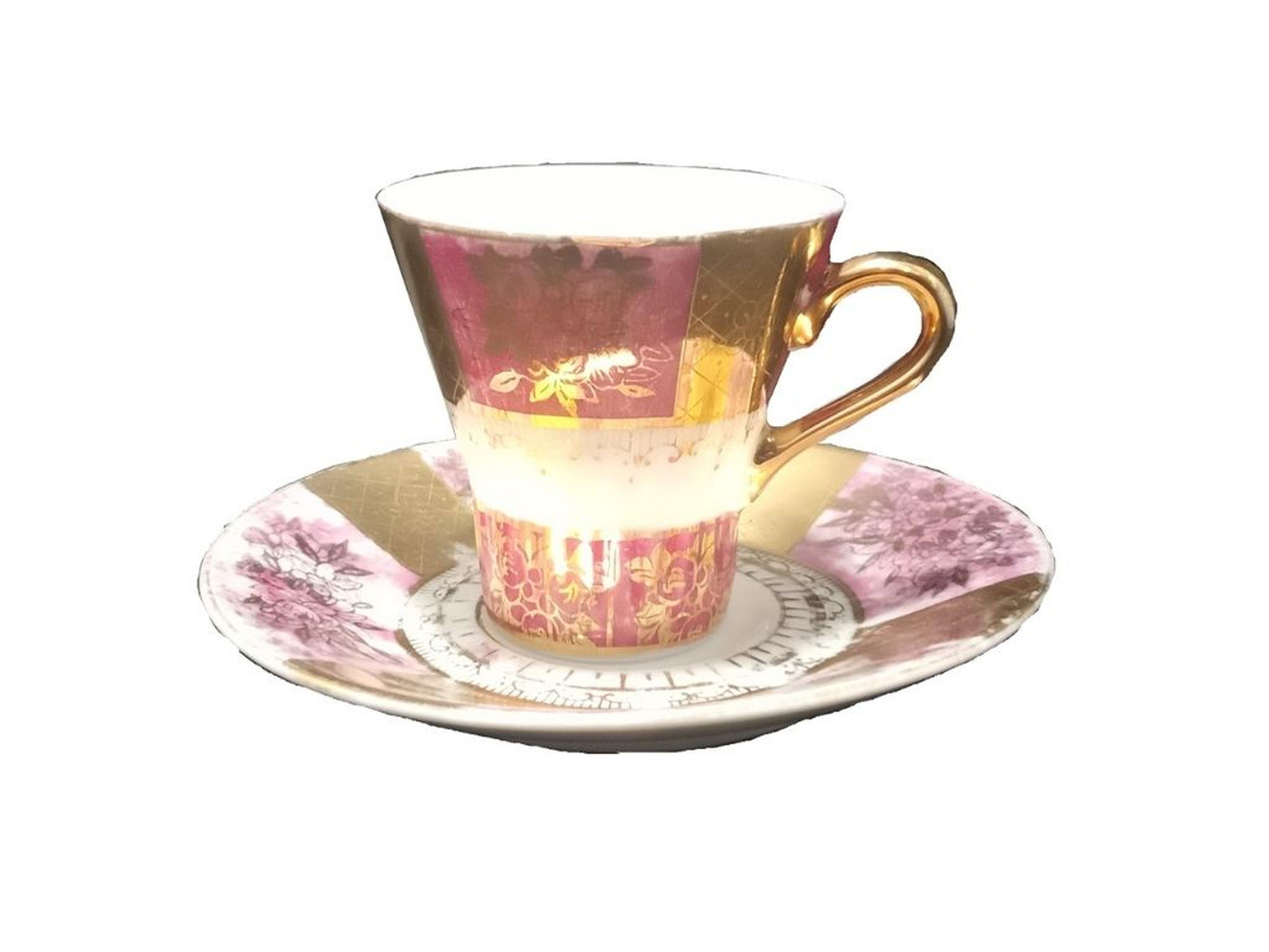 Altın Yaldızlı Antıka ,Notaljık Dore İnce Pembe Porselen Türk Kahvesi Fincanı Seti 4 Adet 6X6X6Cm