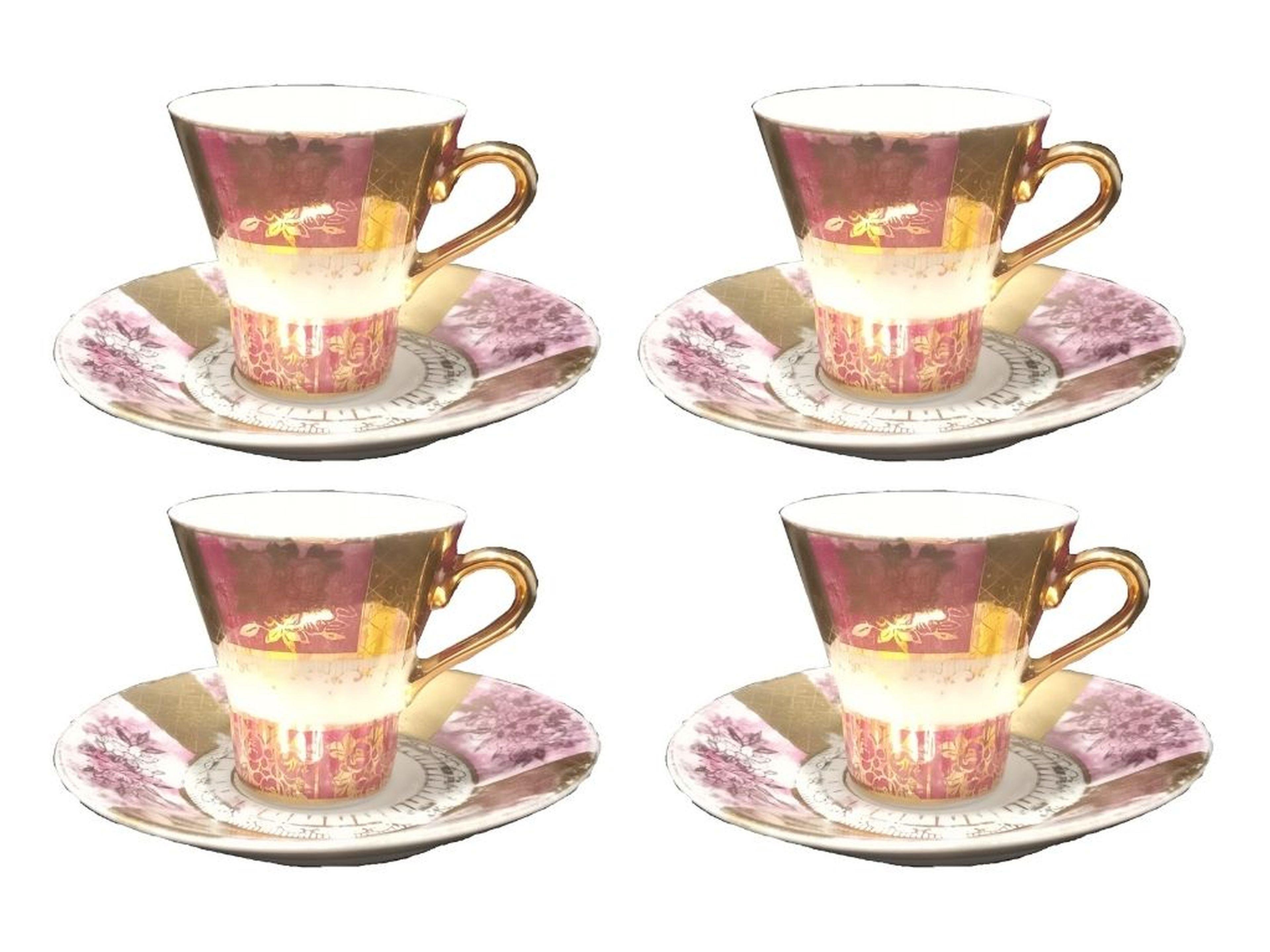Altın Yaldızlı Antıka ,Notaljık Dore İnce Pembe Porselen Türk Kahvesi Fincanı Seti 4 Adet 6X6X6Cm
