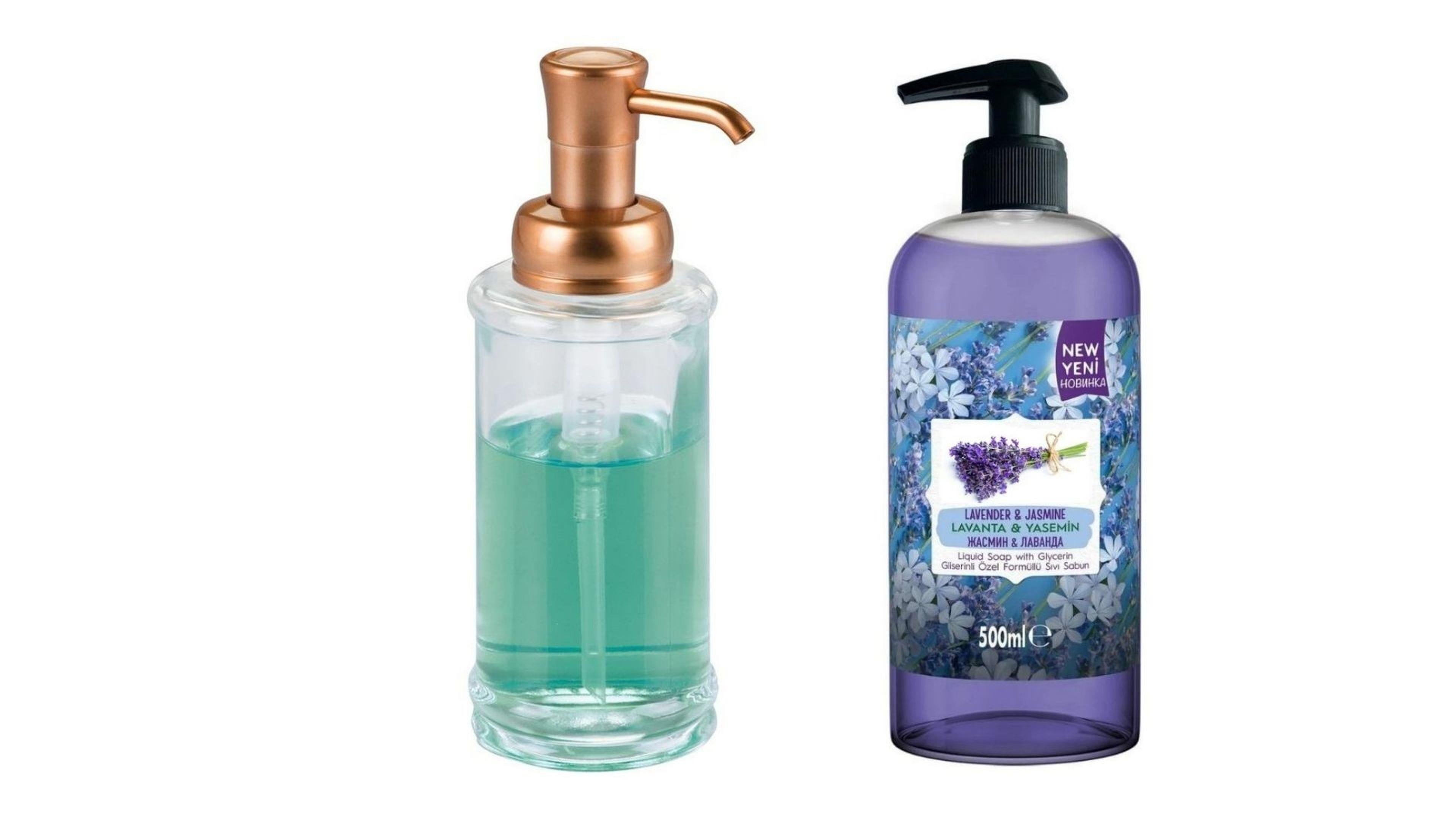 Bakır Renk Pompalı Cam Sıvı Sabunluk Ve 1 Adet 400 ml Sıvı Sabun Lavanta Kokulu