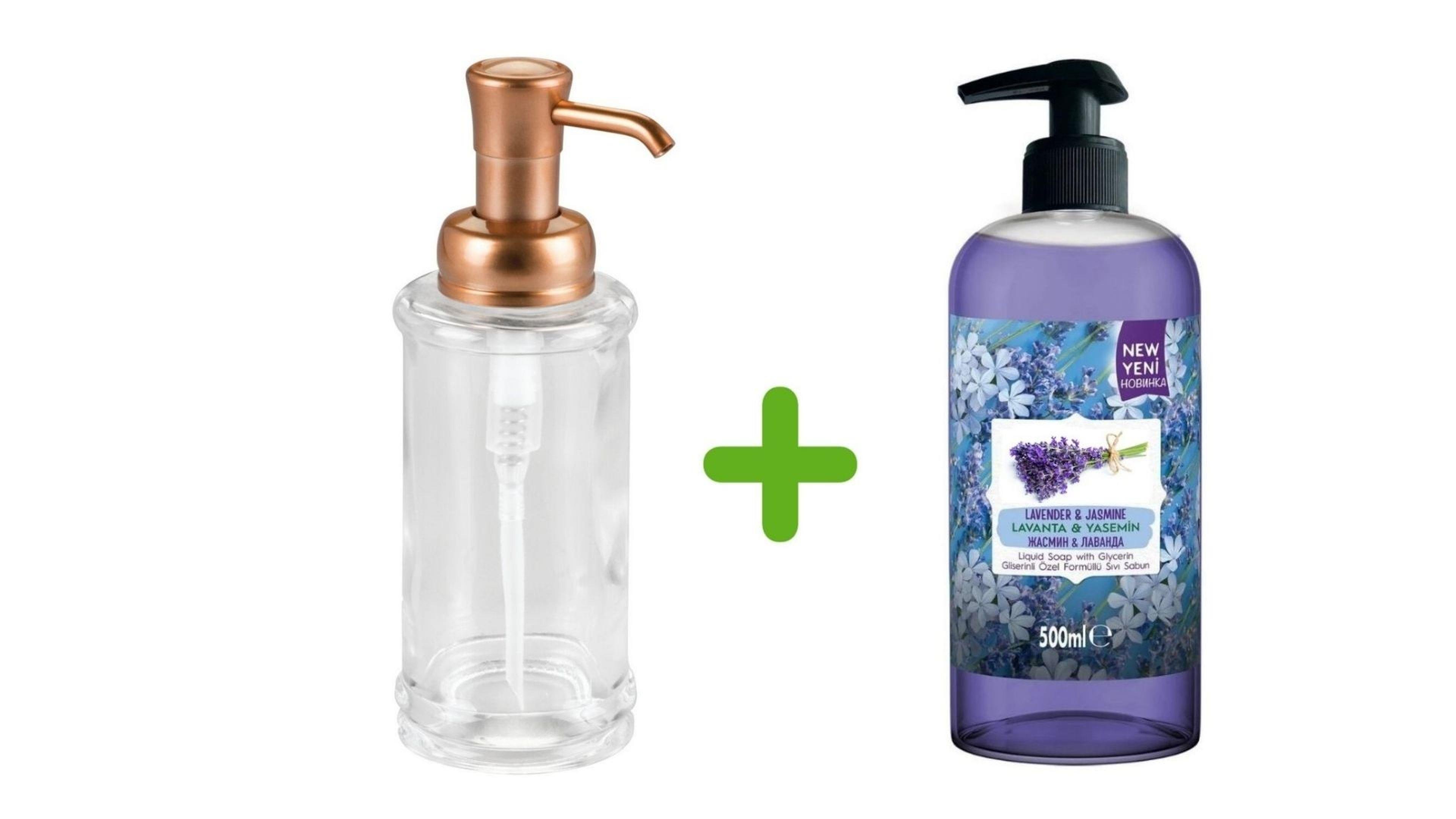 Bakır Renk Pompalı Cam Sıvı Sabunluk Ve 1 Adet 400 ml Sıvı Sabun Lavanta Kokulu